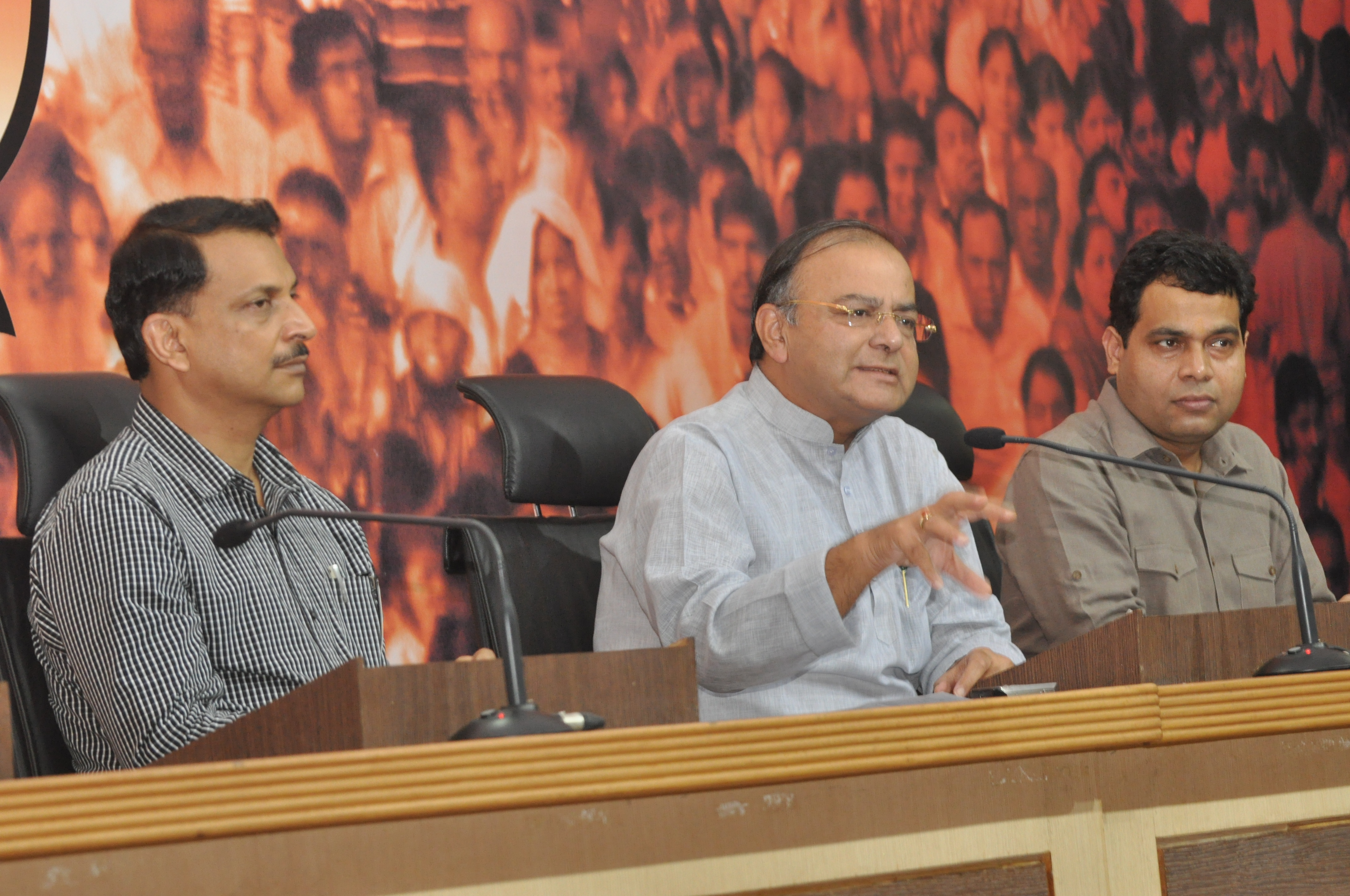 Leader of Opposition (Rajya Sabha), Shri Arun Jaitley, BJP National Spokesperson, MP, Shri Rajiv Pratap Rudy, and BJP National Media Convener, Sh Shrikant Sharma at a press conference at 11, Ashoka Road, New Delhi on August 25, 2012