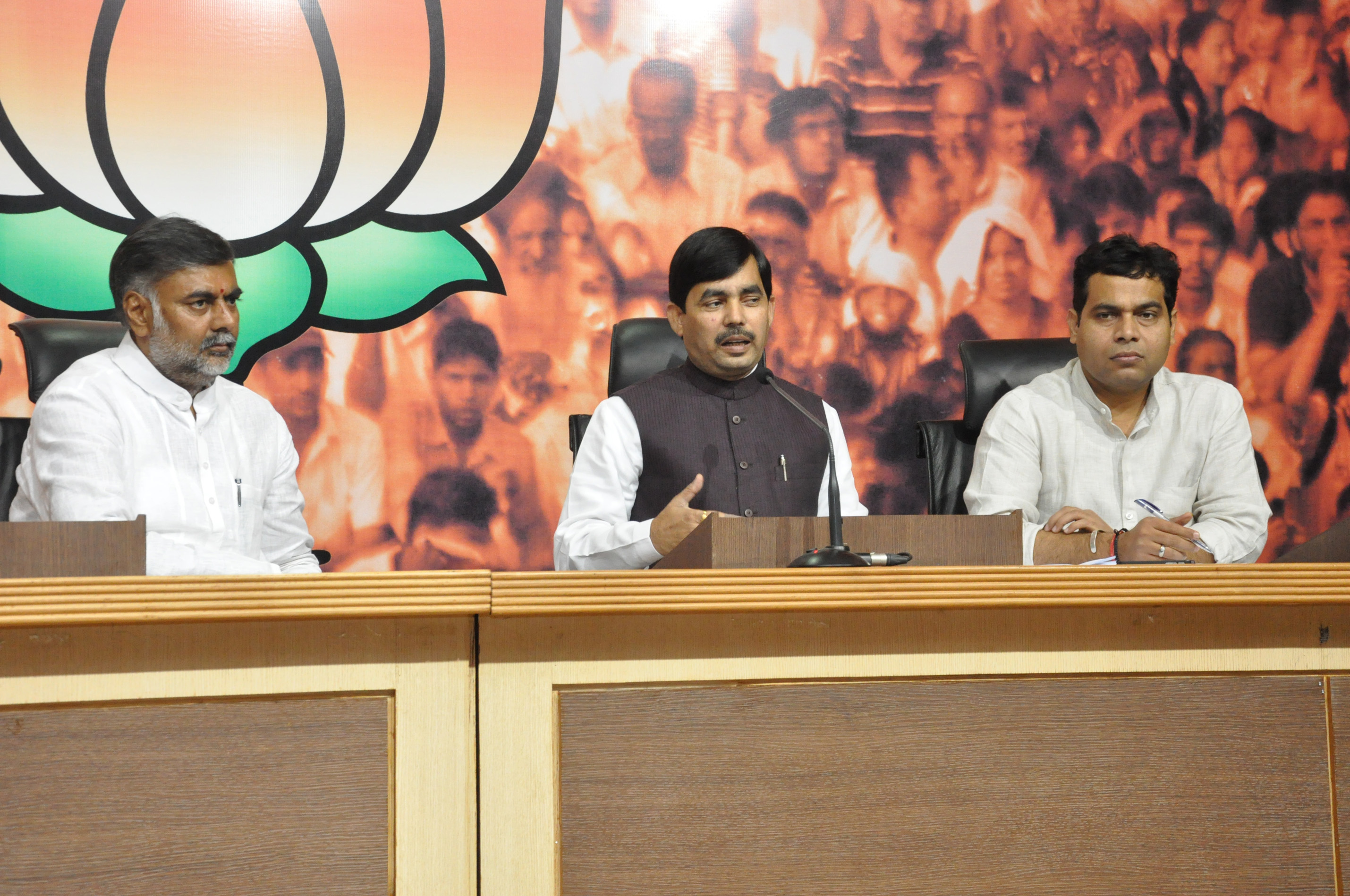 Syed Shahnawaz Hussain, Shri Prahlad Patel and Sh Shrikant Sharma during press conference at 11, Ashoka Road on September 23, 2012