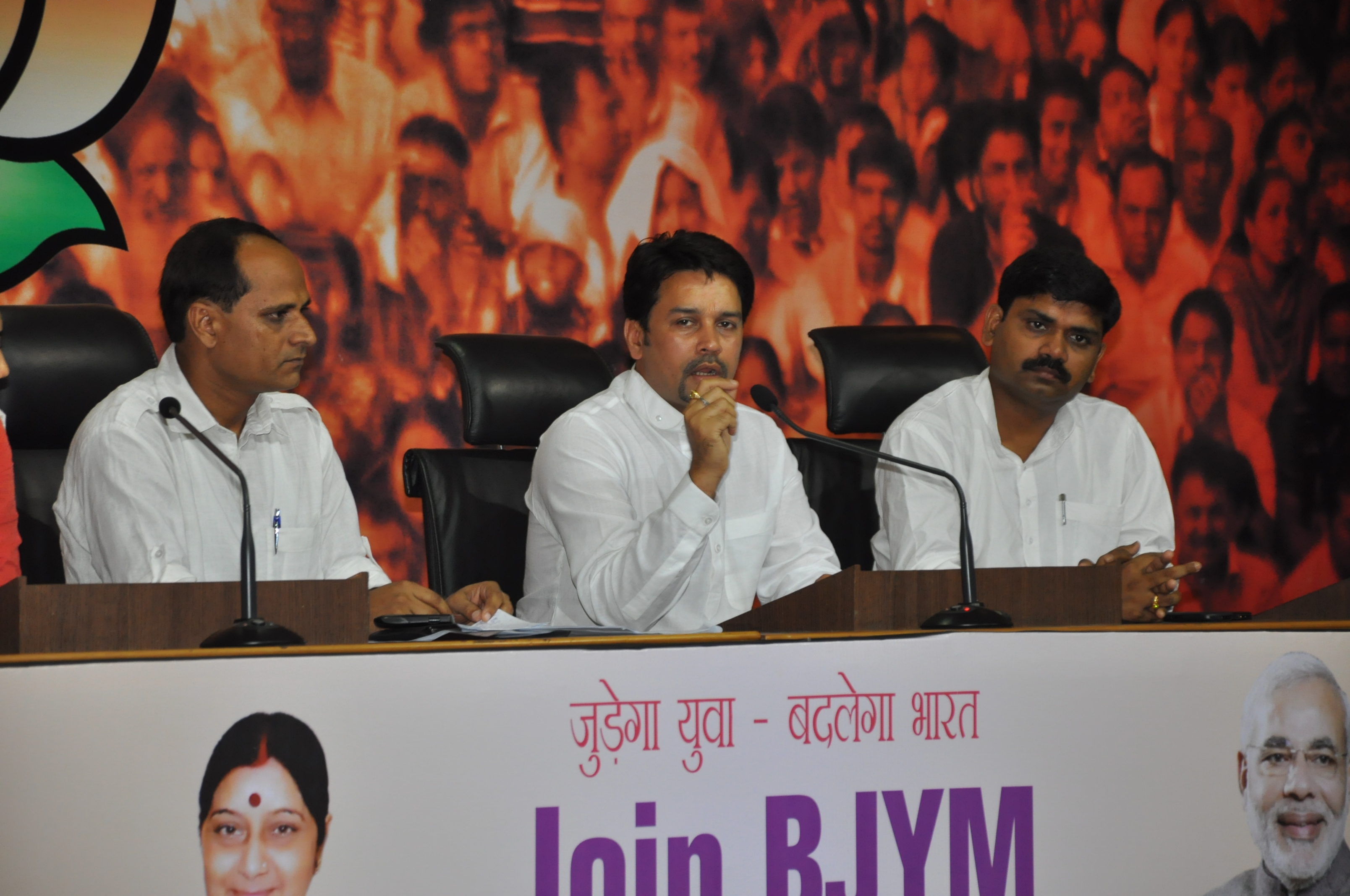 BJYM President Shri Anurag Thakur addressing press conference at 11 Ashoka Road, New Delhi on July 15, 2013