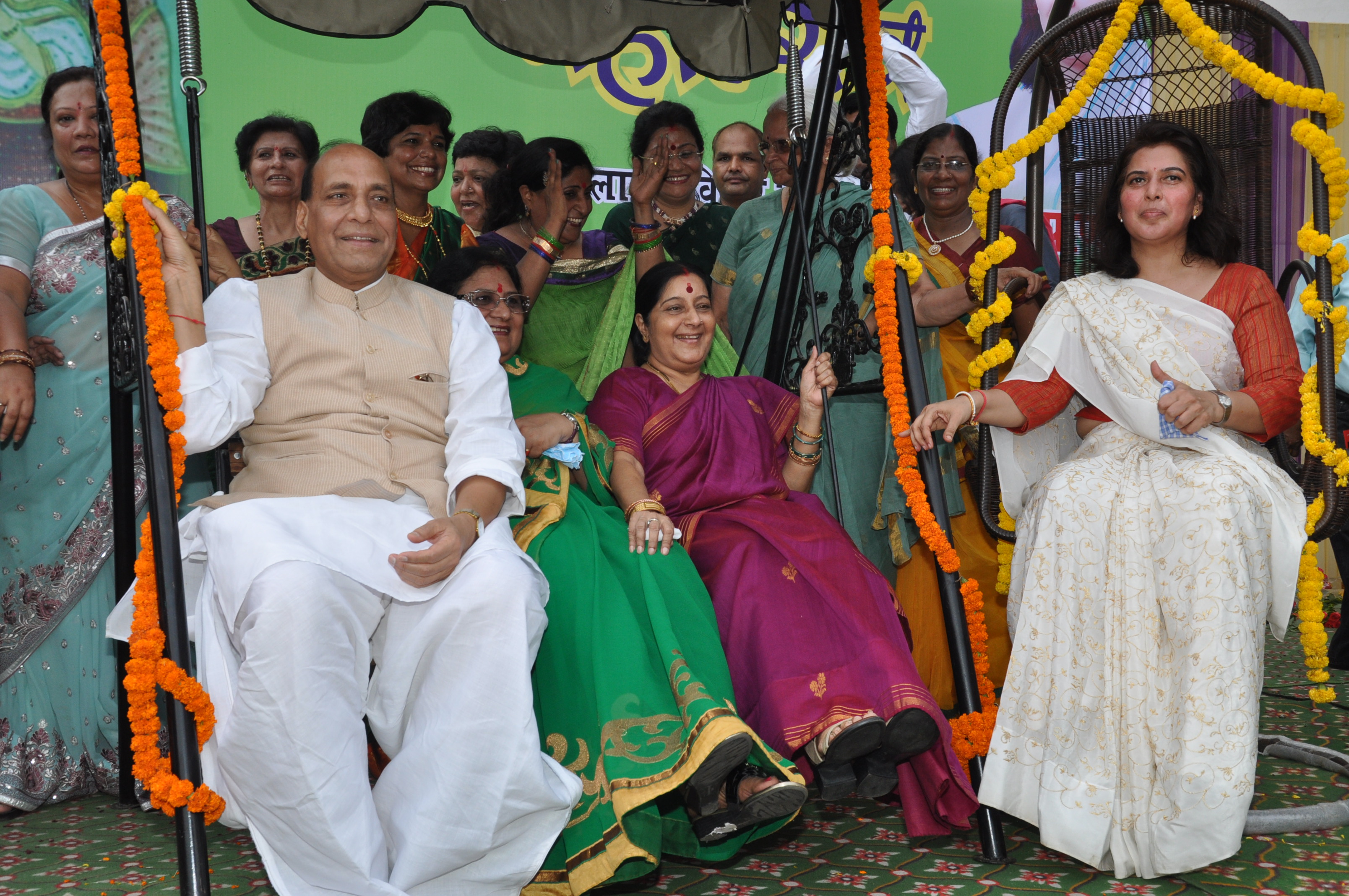 Shri and Smt. Rajnath Singh, Smt. Sushma Swaraj and Sushree Saroj Pandey at Sawan Mahotsav organised by BJP Mahila Morcha at 9, Ashoka Road on July 28, 2013