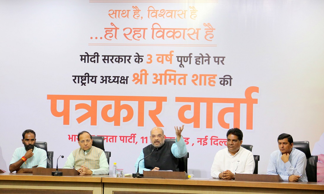 BJP National President, Shri Amit Shah addressing a press conference on the occasion of the 3rd Anniversary of NDA government led by Hon'ble Prime Minister, Shri Narendra Modi at 11, Ashok Road, New Delhi on 26 May 2017