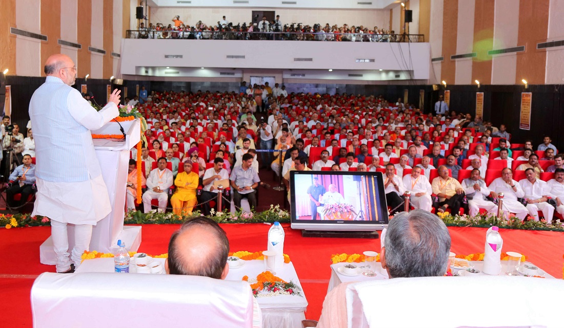 BJP National President, Shri Amit Shah addressing meeting of Intellectuals and eminent citizens at Medical College Auditorium, Mekahara Hospital, Raipur Chhattisgarh.