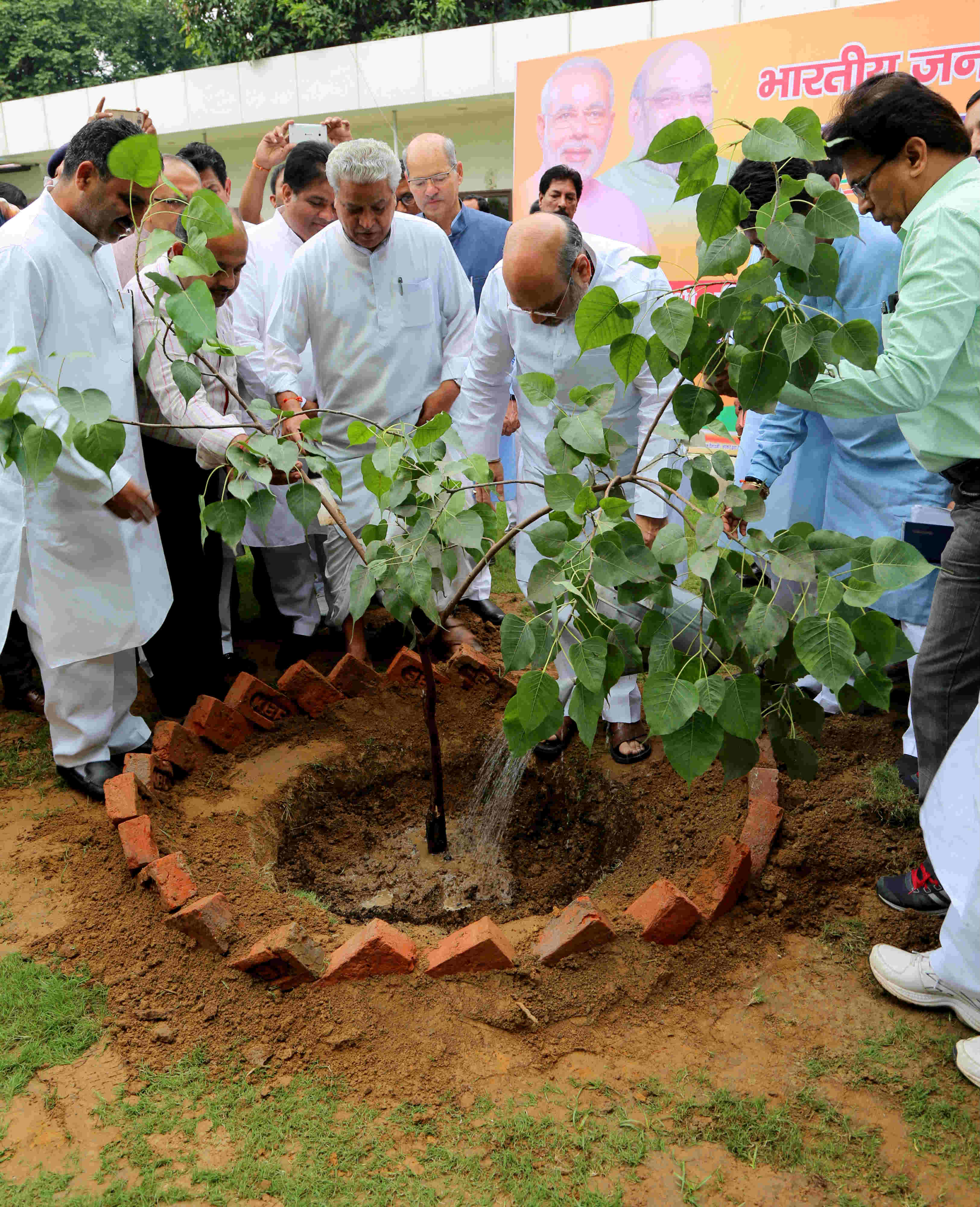 BJP National President, Shri Amit Shah and other senior BJP Leaders planting saplings at 11, Ashoka Road, New Delhi on August 29, 2016