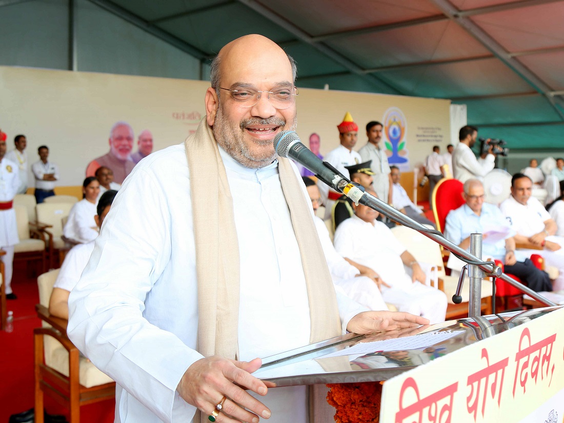 BJP National President, Shri Amit Shah attending Yog Shivir organised by Yogrishi Swami Ramdev on International Yoga Day in Ahmedabad Gujarat on 21 June 2017