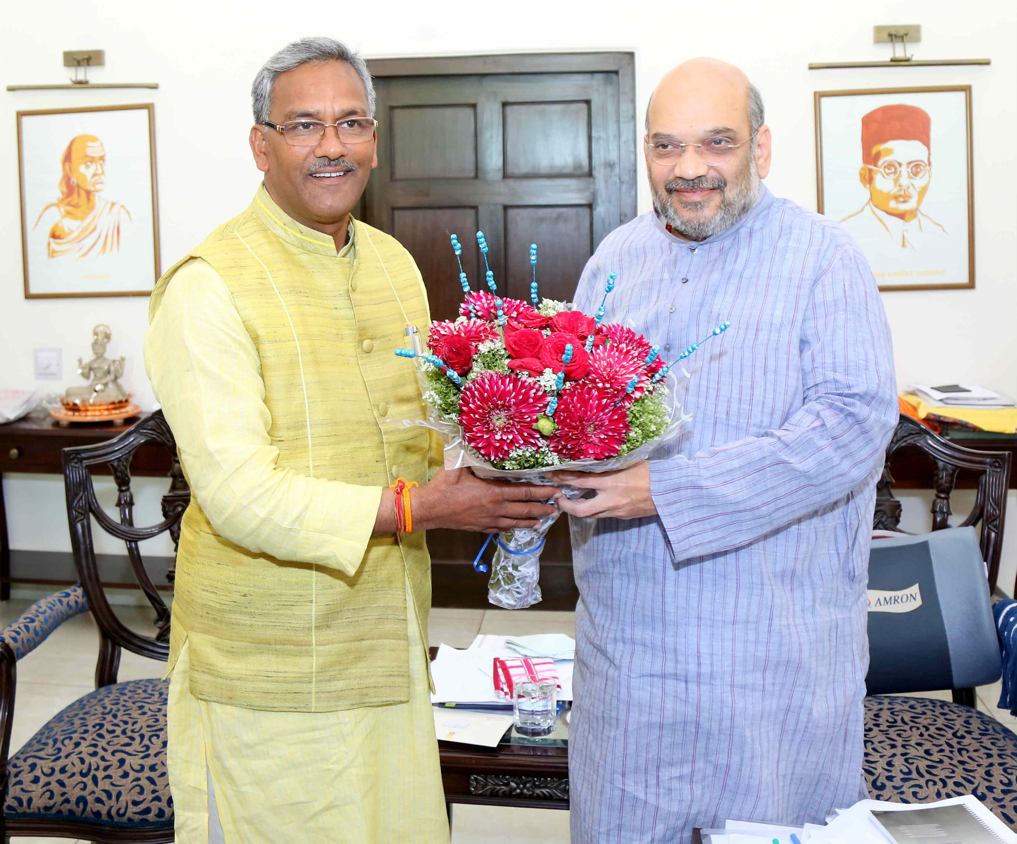 BJP National President, Shri Amit Shah meeting with Uttarakhand Chief Minister, Shri Trivendra Singh Rawat at his residence, New Delhi on March 22, 2017