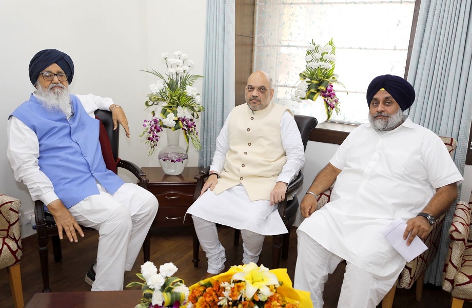 Photographs : BJP National President Shri Amit Shah met Shri Prakash Singh Badal and Shri Sukhbir Singh Badal at their residence in Chandigarh