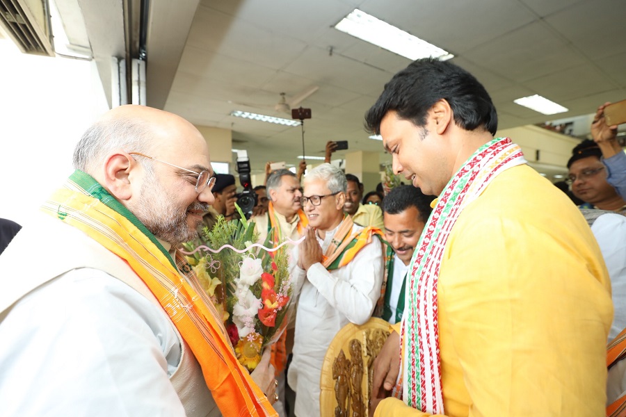 Photographs of BJP National President Shri Amit Shah rousing reception on his arrival at Agartala airport (Tripura).