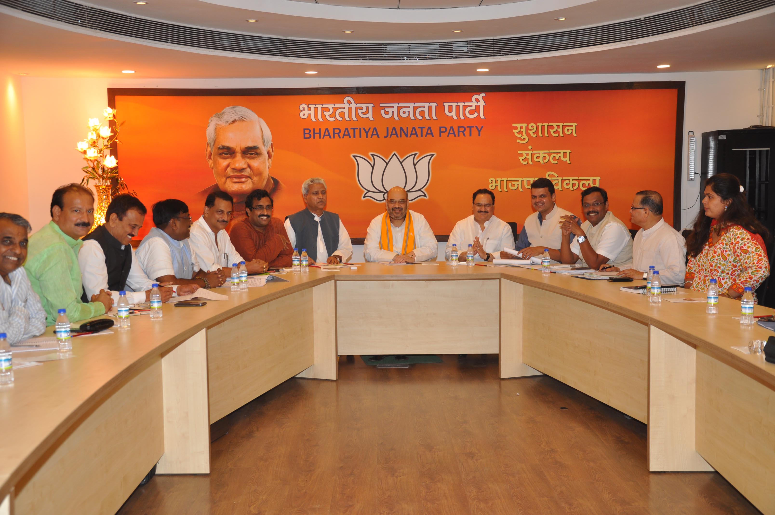 BJP National President Shri Amit Shah, Shri Ramlalji, Shri Ram Madhav, Shri Rajiv Pratap Rudy & Shri J.P Nadda meeting with Maharastra BJP Unit at 11, Ashoka Road on July 15, 2014