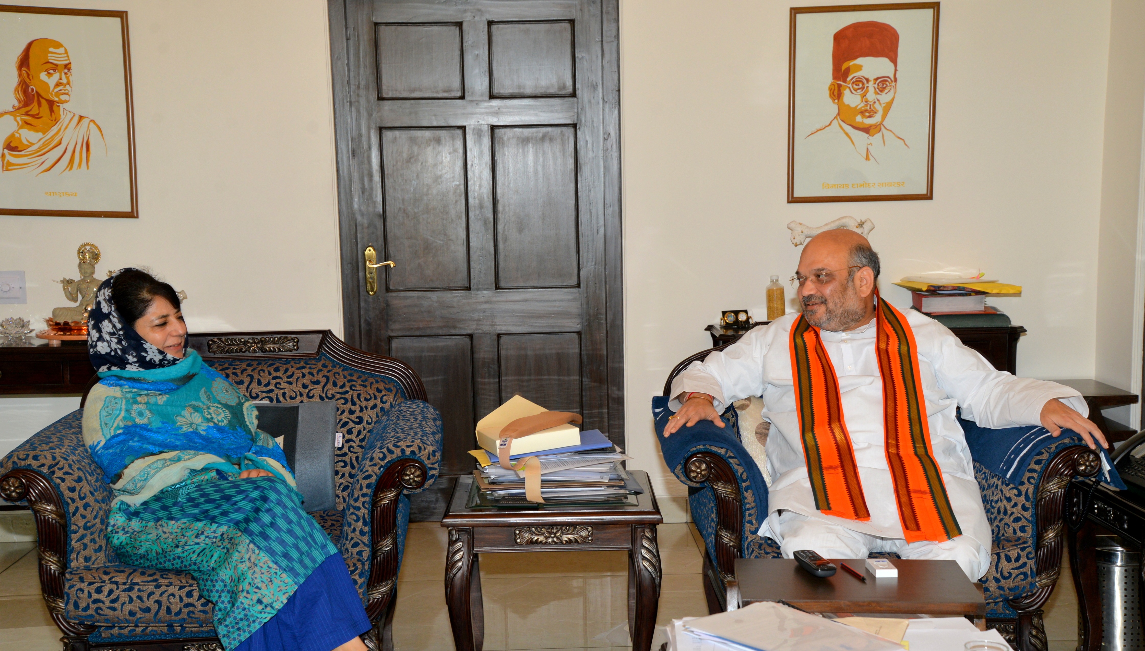 BJP National President, Shri Amit Shahji's meeting with J & K Chief Minister, Ms Mehbooba Mufti at his residence 11, Akbar Road on April 14, 2016