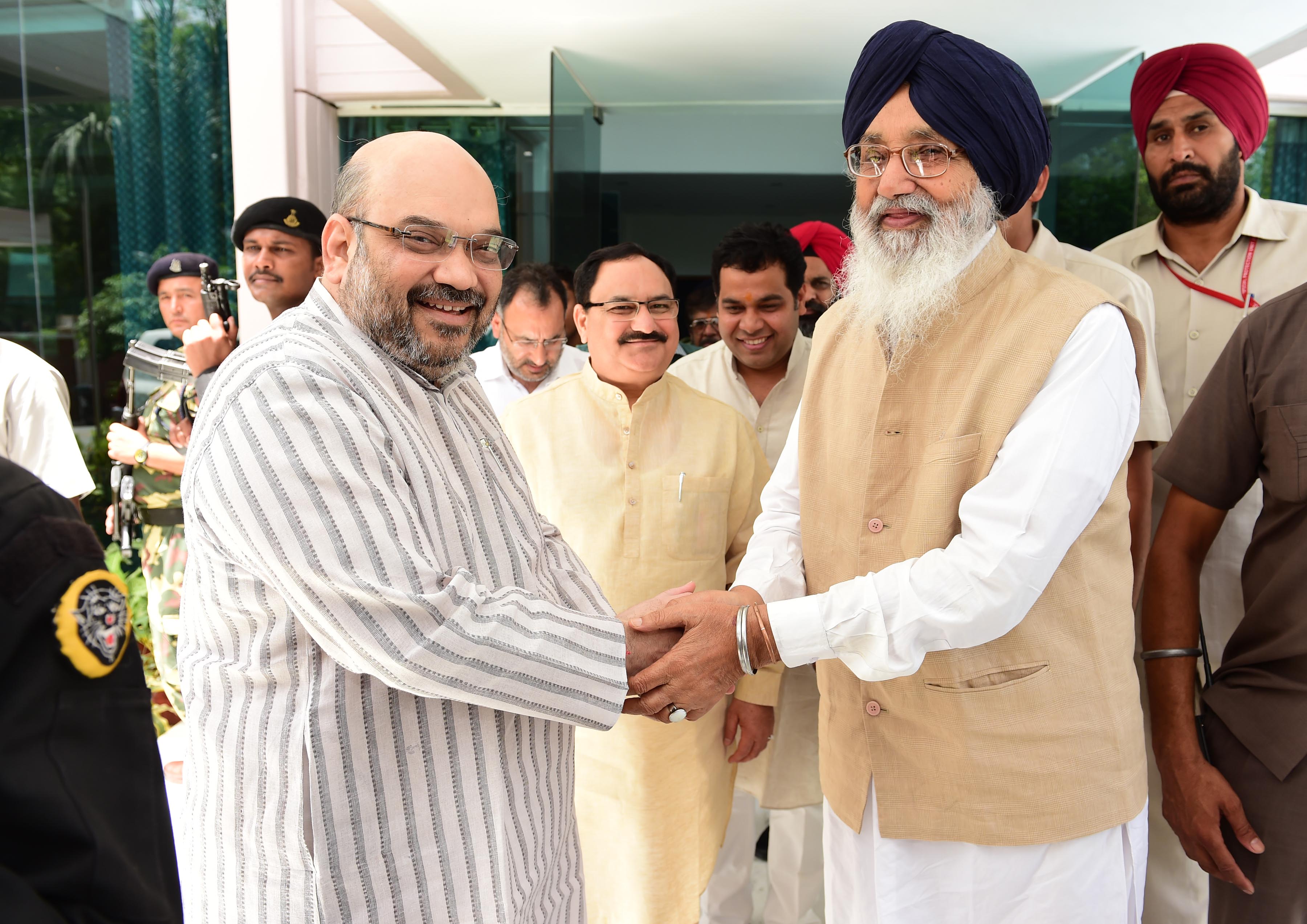 BJP President, Shri Amit Shahji's meeting with Punjab CM, Shri Prakash Singh Badal  along with BJP General Secretary, Shri J.P. Nadda at Gujarat Bhawan, New Delhi on July 10, 2014