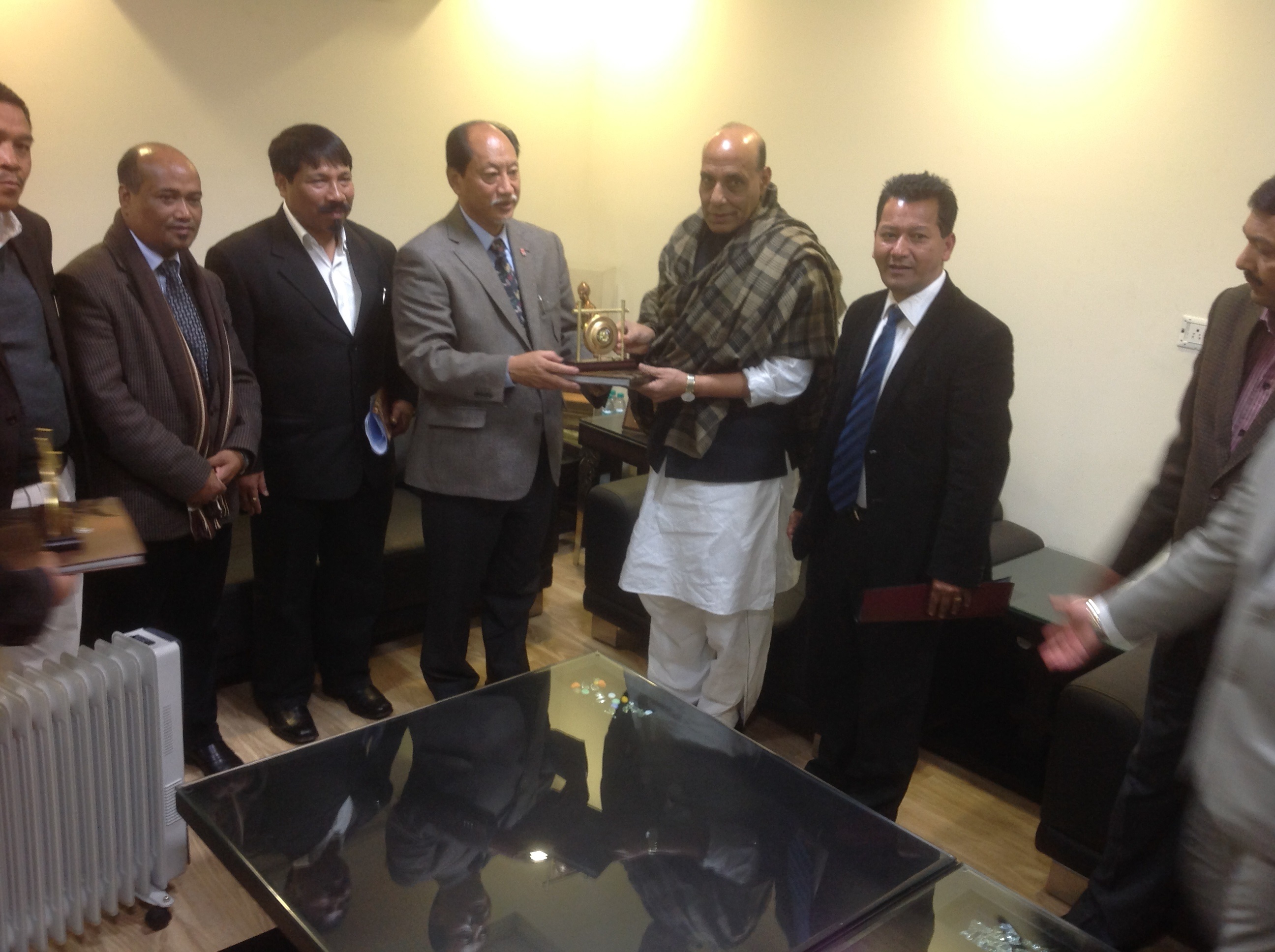 BJP President, Shri Rajnath Singh meeting with North East Regional party front (NERPF) delegation led by Nagaland Chief Minister Shri N. Rio at 38, Ashoka Road, New Delhi on January 21, 2014