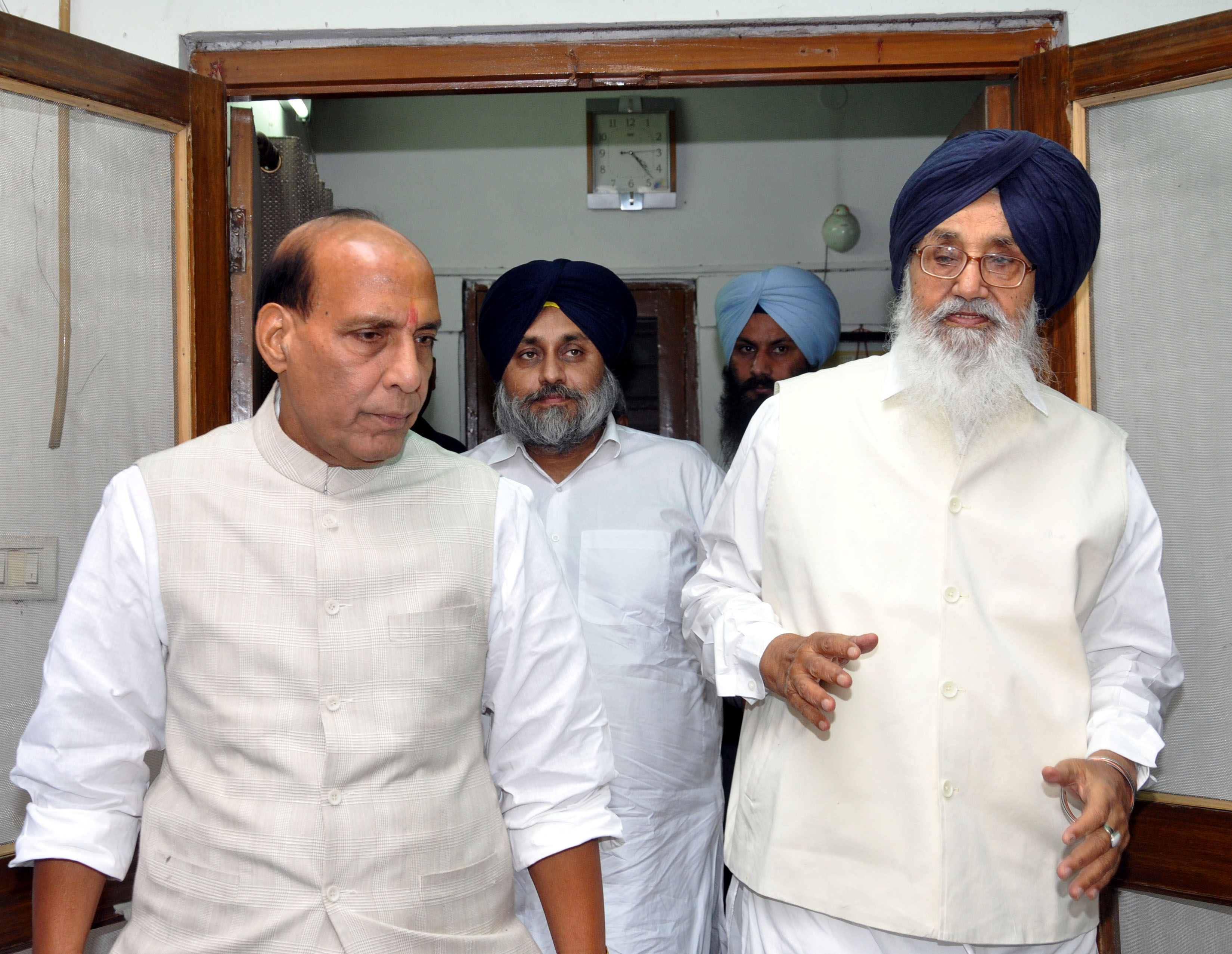 BJP President, Shri Rajnath Singhji's meeting with Prakash singh Badal and Sukhbir Singh Badal at his residence 38, Ashoka Road, New Delhi on May 23, 2014