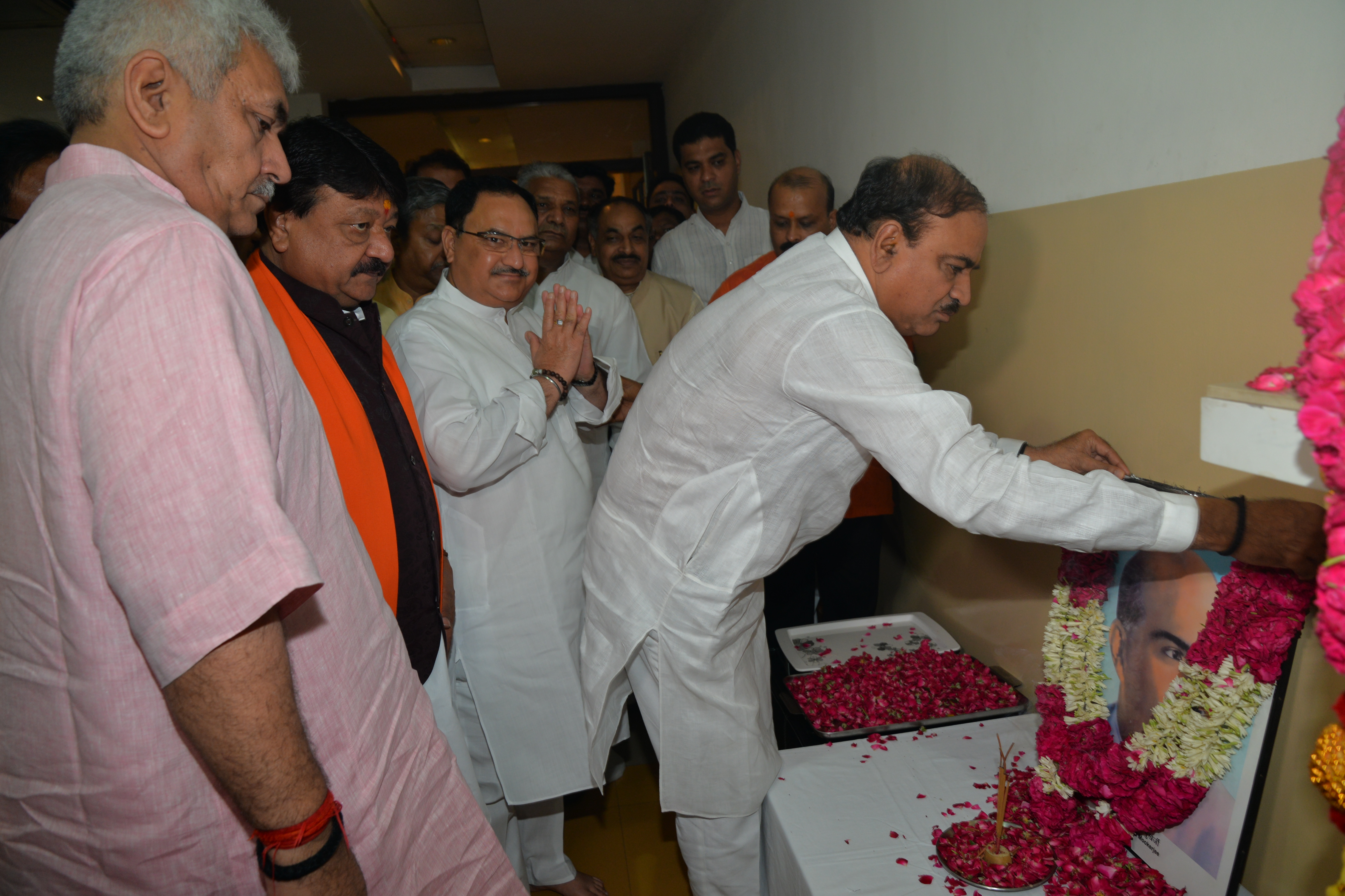 BJP Senior leaders paying floral tribute to "Dr Shyama Prasad Mukherjee Martyrdom Day" at 11, Ashoka Road on June 23, 2016