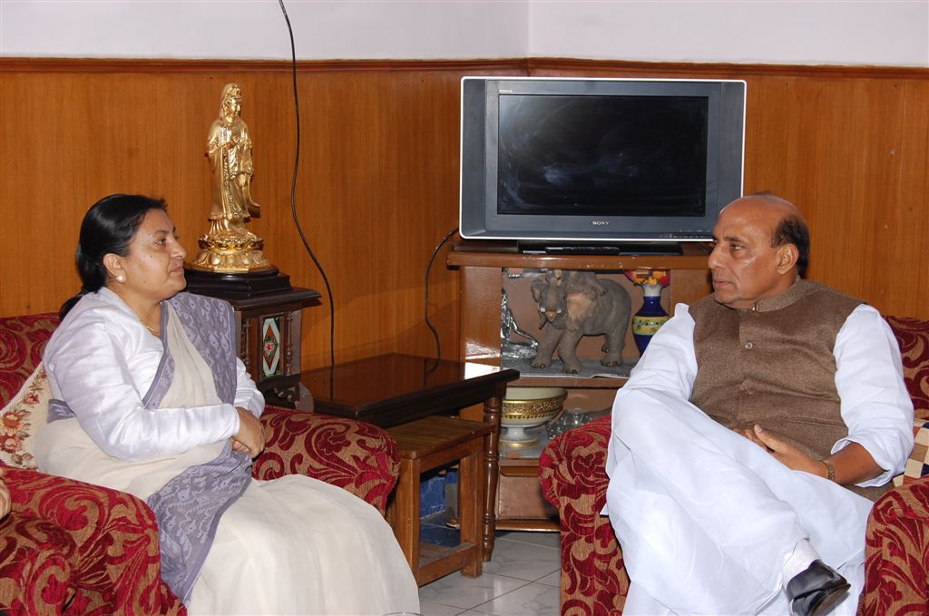 Photograph of Sh Rajnath Singh Ex- BJP National President meeting with Nepal Defence Minister Vidya Bhandari on Feb 02, 2010