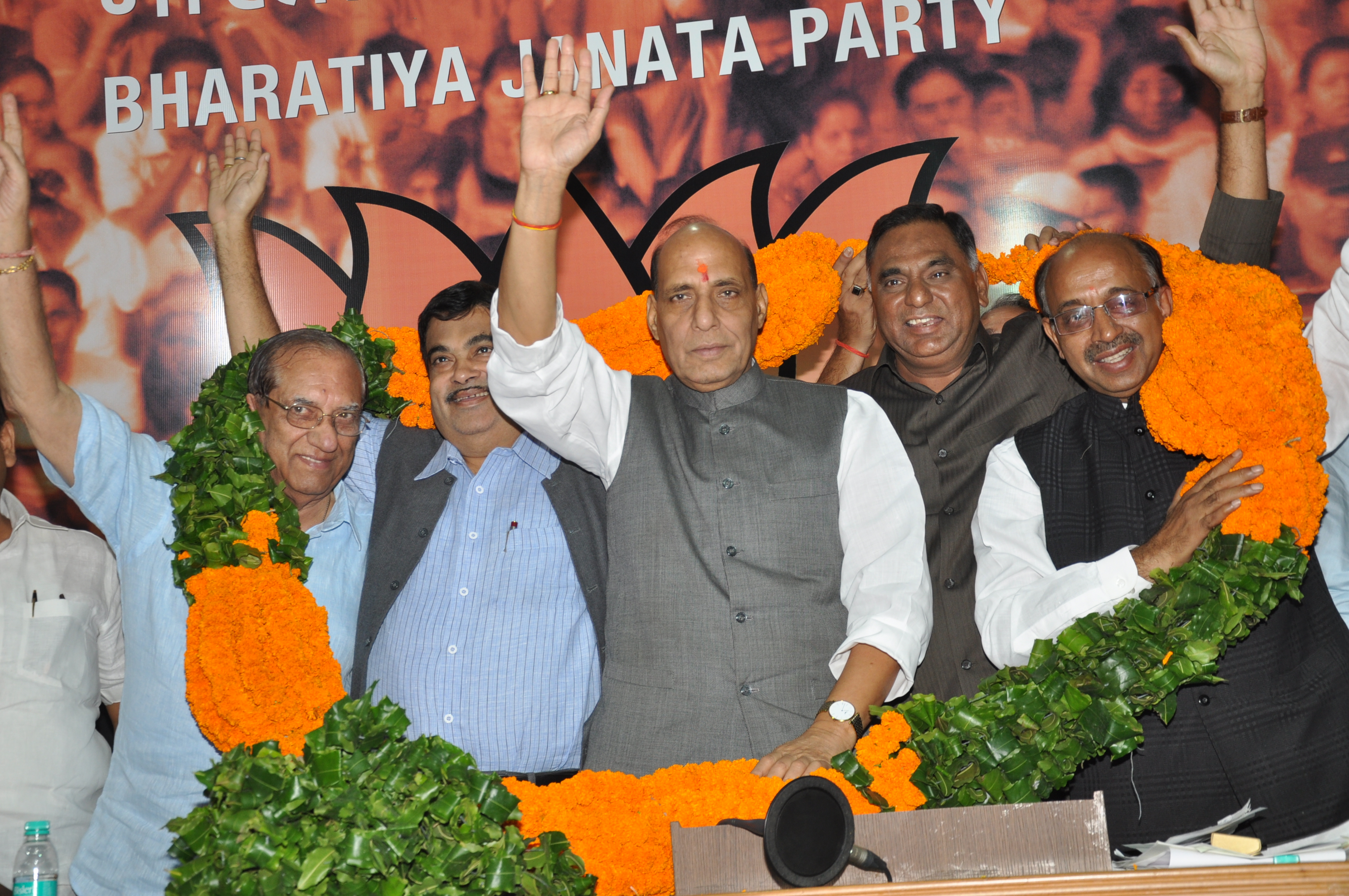 BJP National President Shri Rajnath Singh, Former BJP President, Shri Nitin Gadkari and Delhi BJP President Shri Vijay Goel during joining of Shri Ramvir Singh Bidhuri to BJP at 11 Ashok Road New Delhi on September 10, 2013