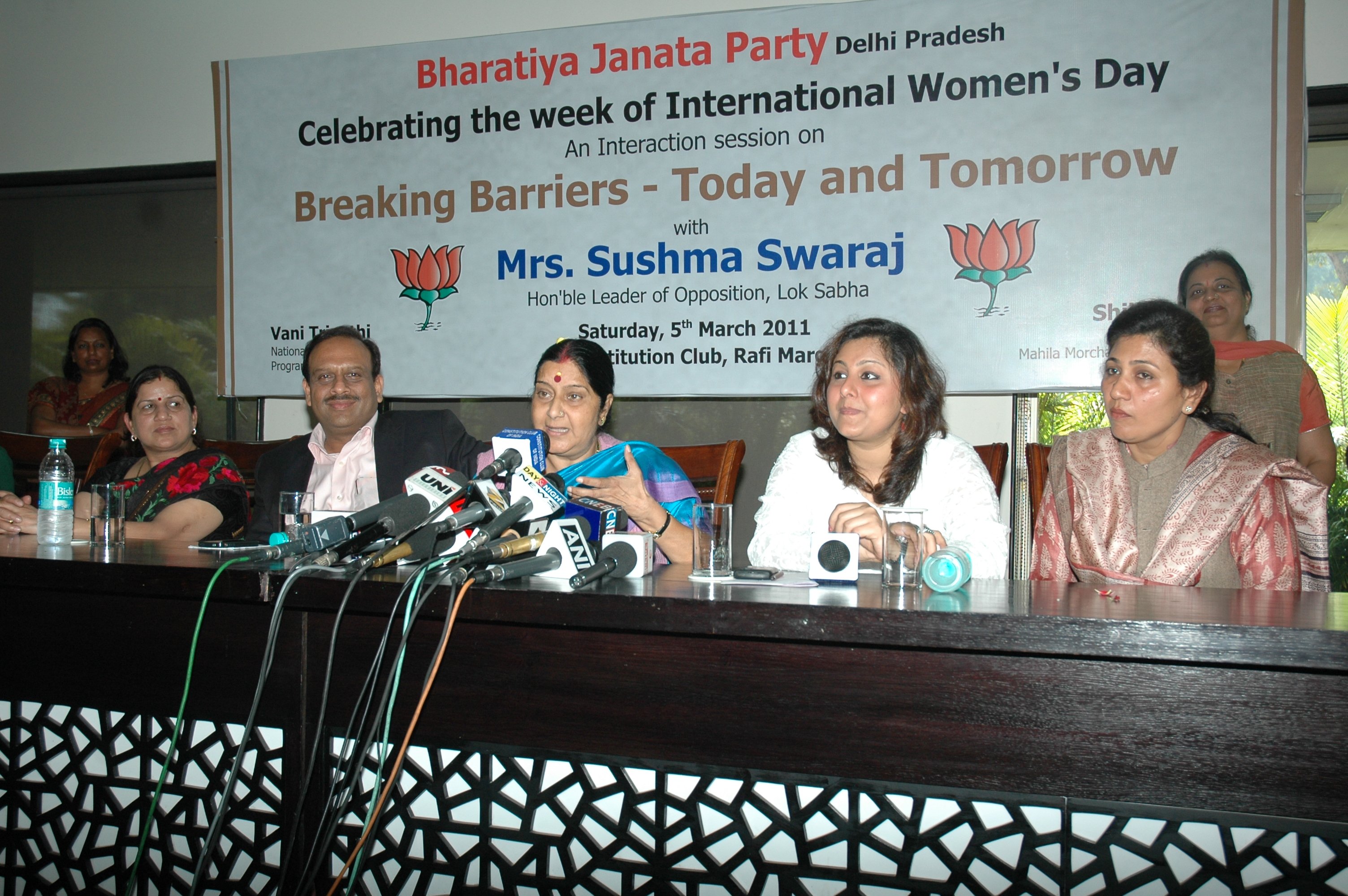 Smt. Sushma Swaraj addressing Interaction session "Breaking Barriers '? Today and Tomorrow" at Constitution Club, Rafi Marg, New Delhi - 110001 on March 05, 2011