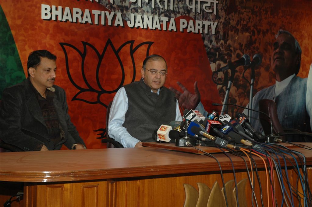 Photographs of Shri Arun Jaitley alongwith Shri Rajiv Pratap Rudy, addressing the press conference on February 14, 2010