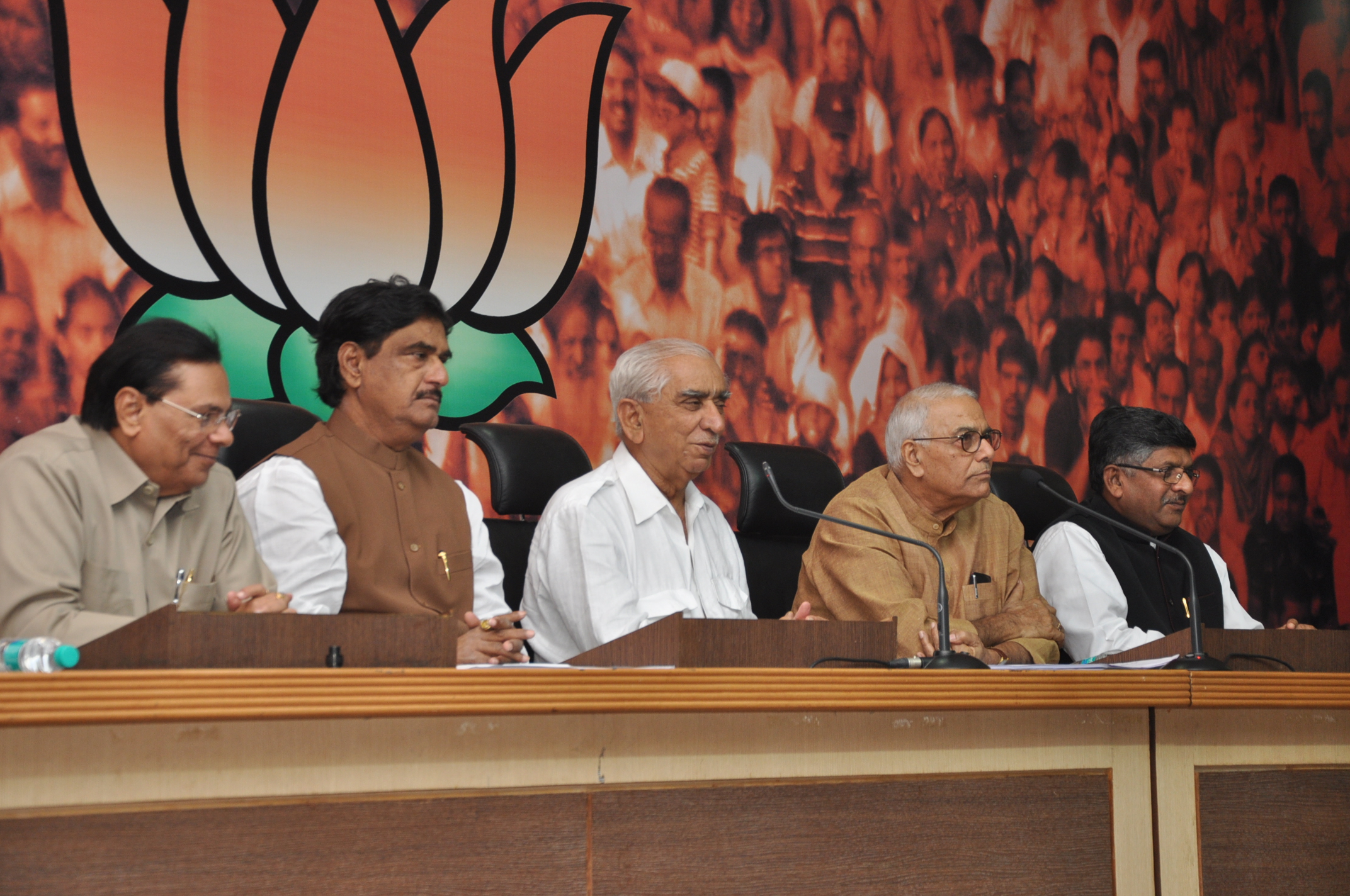 Shri Yashwant Sinha, Shri Jaswant Singh, Shri Gopinath Munde, Shri Ravi Shankar Prasad and Shri Harin Pathak during press conference at 11, Ashoka Road on October 10, 2013