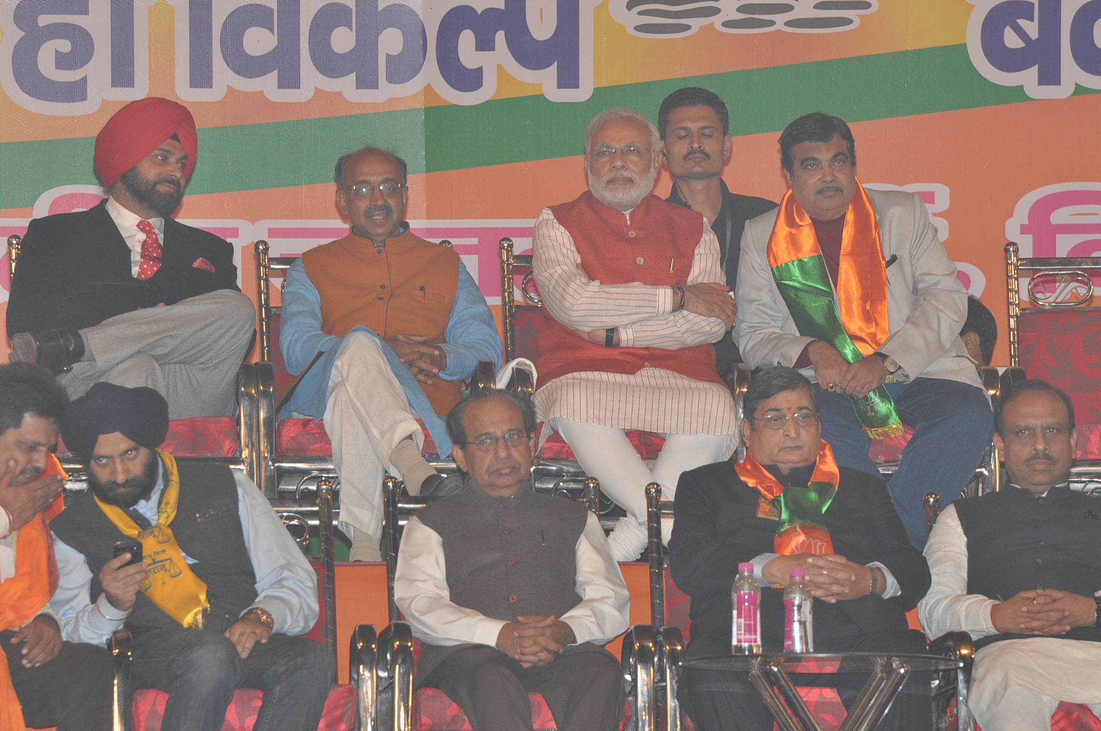 Shri Narendra Modi, Nitin Gadkari, Dr. Harsh Vardhan, Shri Shri Vijay Goel, Shri Navjot Singh Siddhu and other BJP leaders during public meeting at DDA Park, Opp. Dwarka Sec '? 14, Metro Station on November 23, 2013