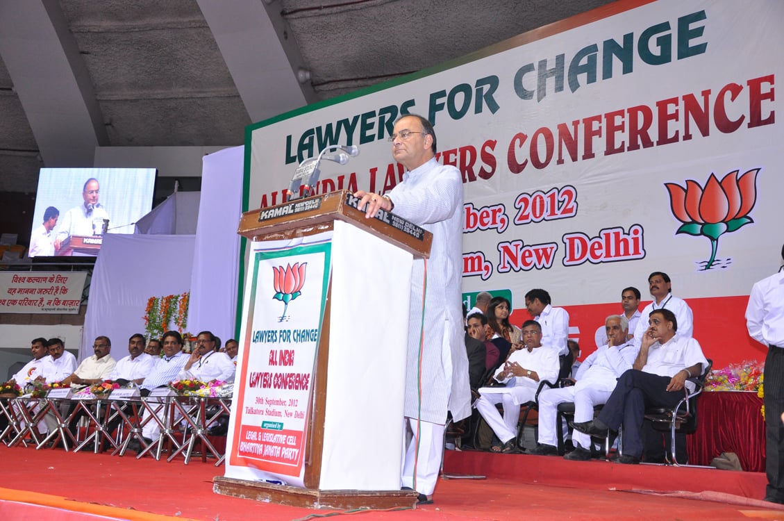 Shri Arun Jaitley, Leader of Opposition (Rajya Sabha) addressing "All India Lawyers Conference" at Talkatora Stadium on September 30, 2012