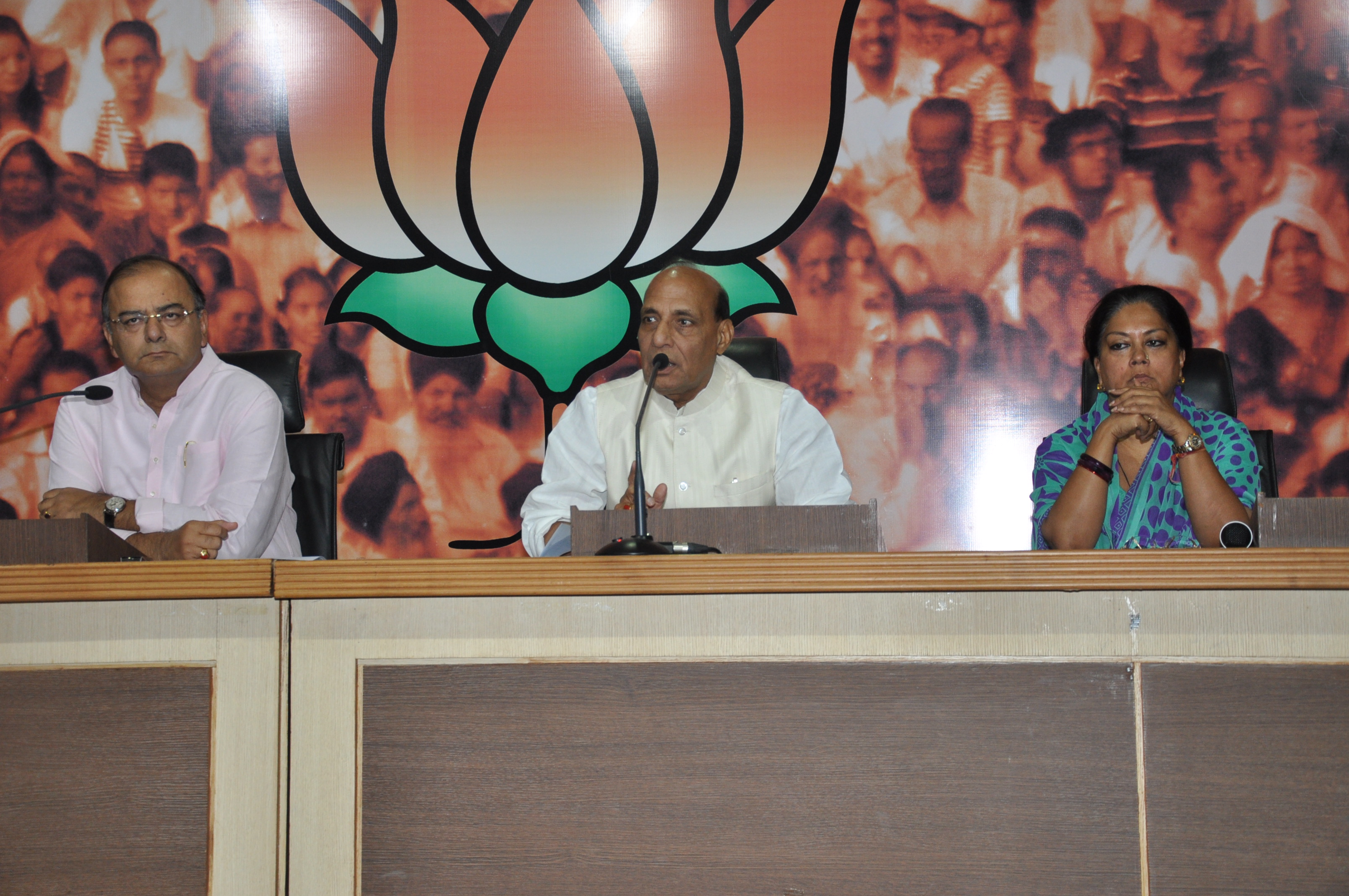 Shri Rajnath Singh, Shri Arun Jaitley and Smt. Vasundhara Raje during a press conference at 11, Ashoka Road, New Delhi on May 15, 2013