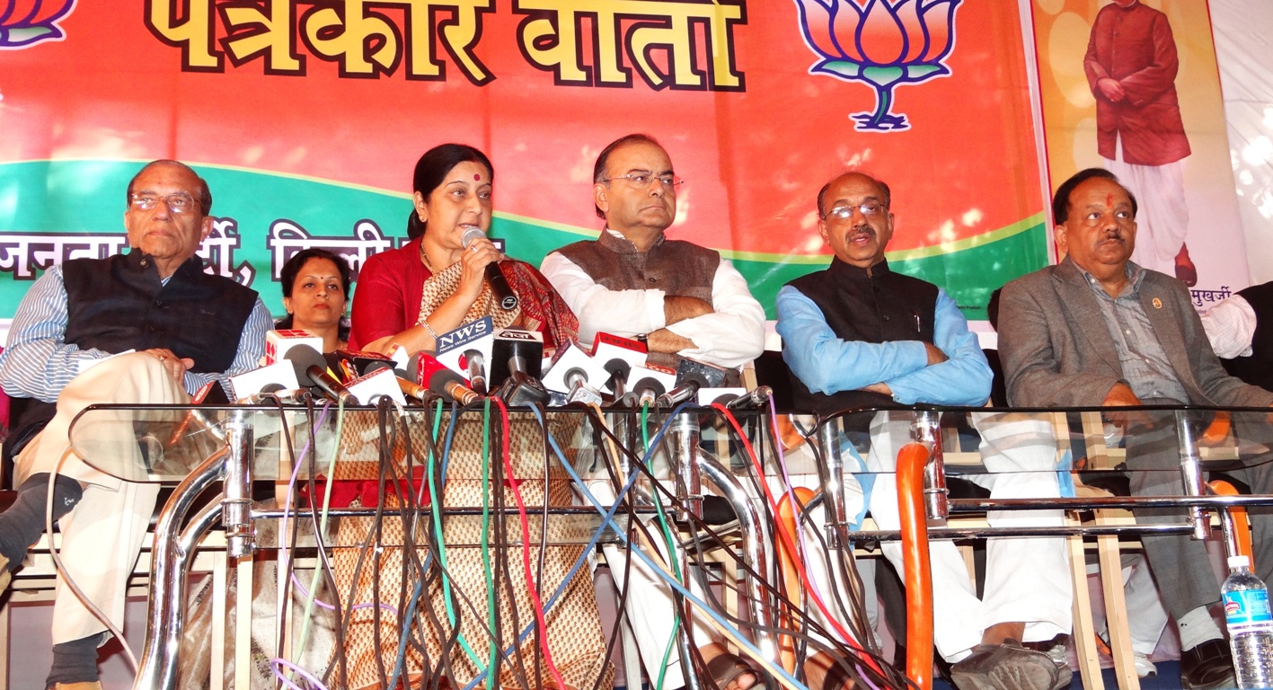 Smt. Sushma Swaraj, Shri Arun Jaitley, Dr. Harsh Vardhan, Shri Vijay Goel and Prof. Vijay Kumar Malhotra during a press conference at 14, Pandit Pant Marg, New Delhi on December 02, 2013