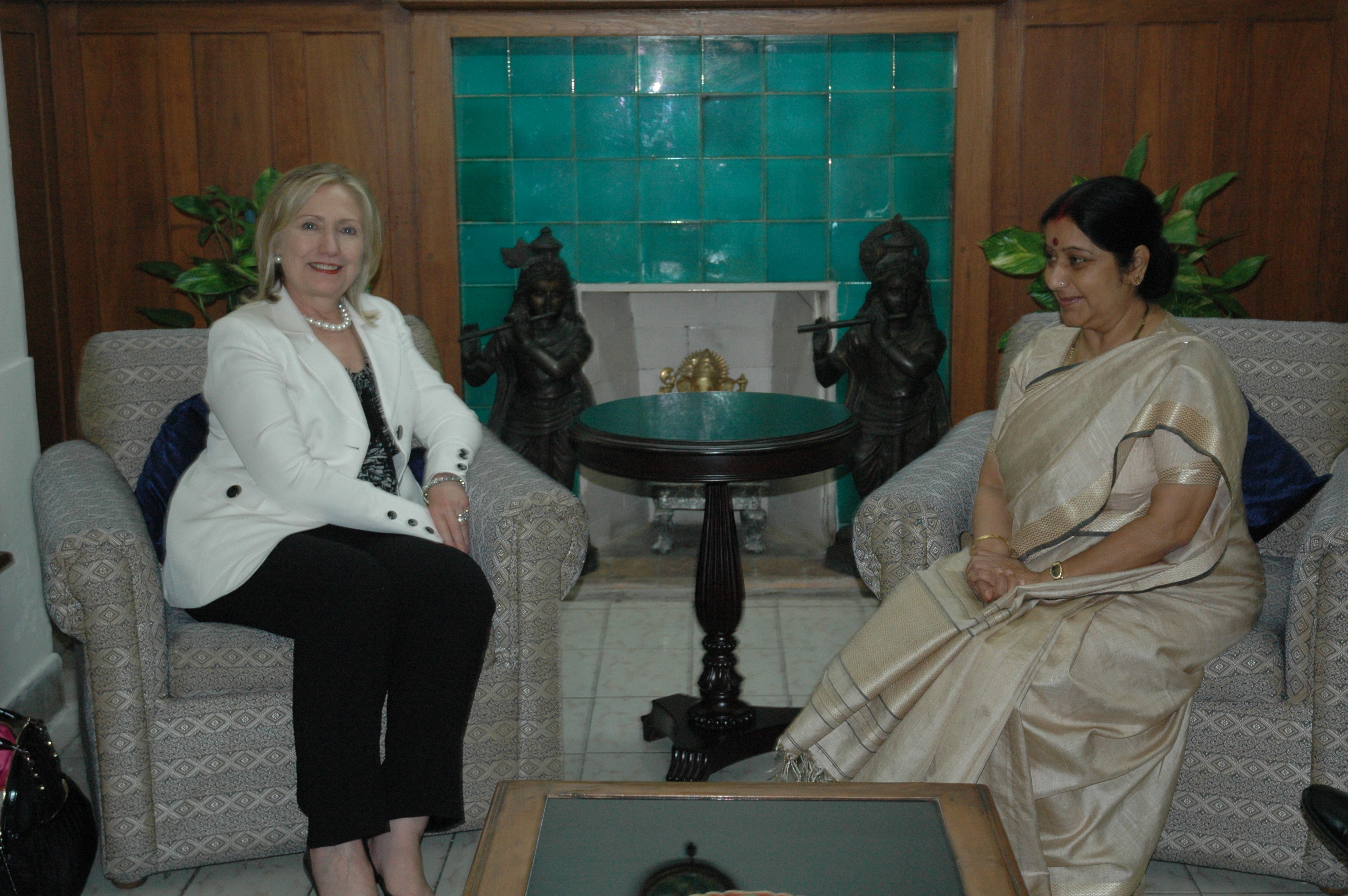 Leader of Opposition, (Lok Sabha) Smt Sushma Swaraj meeting with Mrs Hillary Clinton, Secretary of State, US at her residence 8, Safdarjang Lane, New Delhi on July 19, 2011