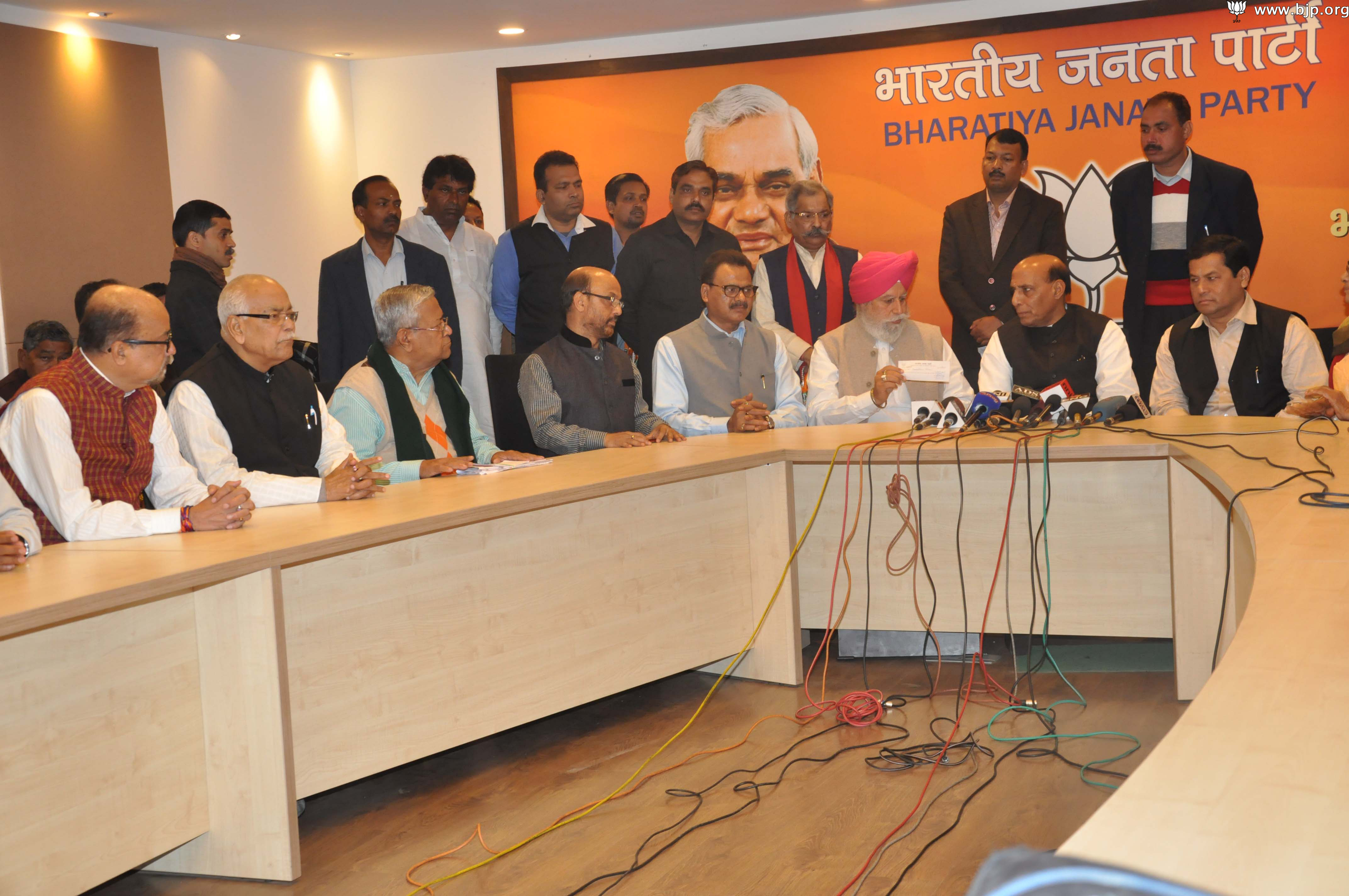 Former AGP President, Chandra Mohan Patowary and Senior AGP leader Shri Hitendra Nath Goswami joining BJP in the presence of BJP President, Shri Rajnath Singh at 11, Ashoka Road, New Delhi on March 10, 2014