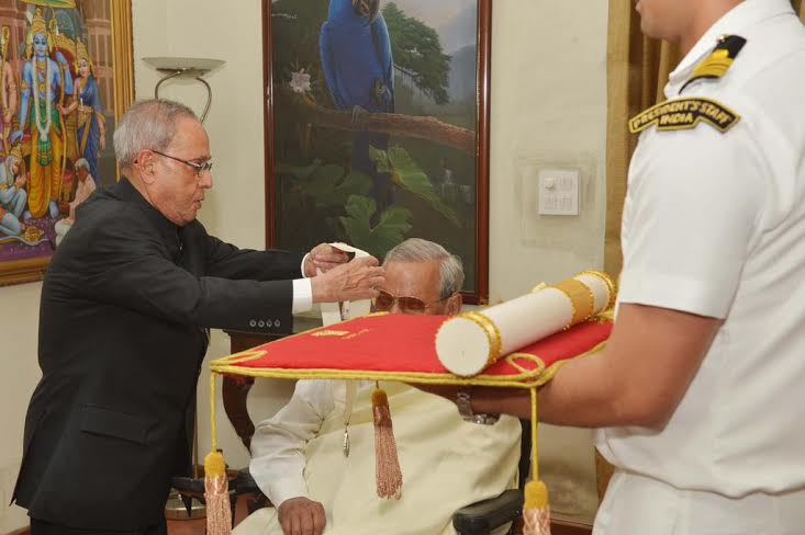 Former Prime Minister, Shri Atal Bihari Vajpayeeji being Honoured as Bharat Ratna by the President of India, Shri Pranab Mukherjee at 6 A, Krishna Menon Marg on March 27, 2015