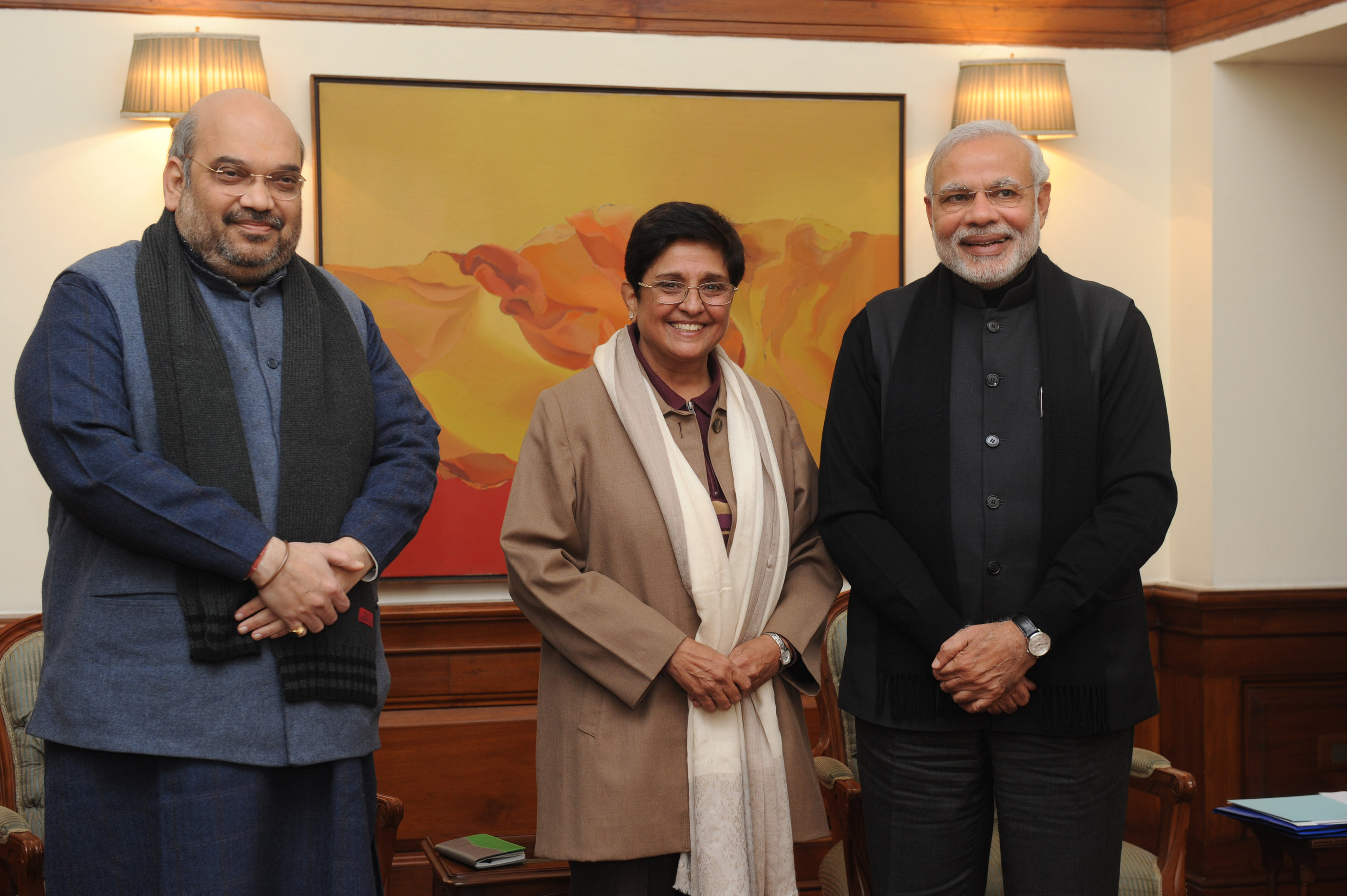 Hon'ble PM, Shri Narendra Modiji's meeting with Former IPS Officer, Smt. Kiran Bedi along with BJP President, Shri Amit Shah at 7 RCR on January 15, 2015