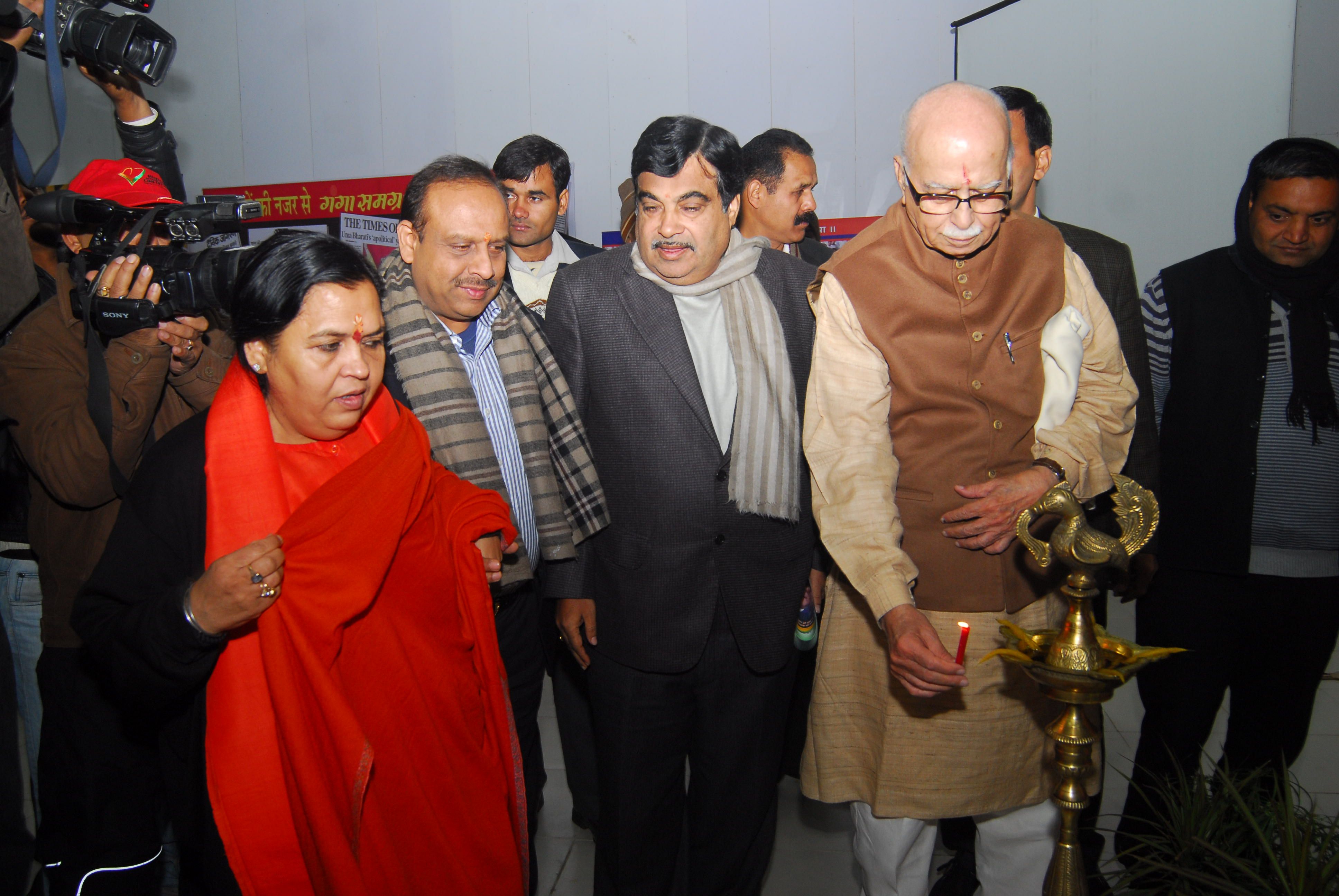 Shri L.K. Advani, Shri Nitin Gadkari, Sushri Uma Bharti and Shri Vijendra Gupta on the occasion of completion of 1st phase of Ganga Samagra Abhiyan at Constitution Club, Rafi Marg, New Delhi on January 7, 2013