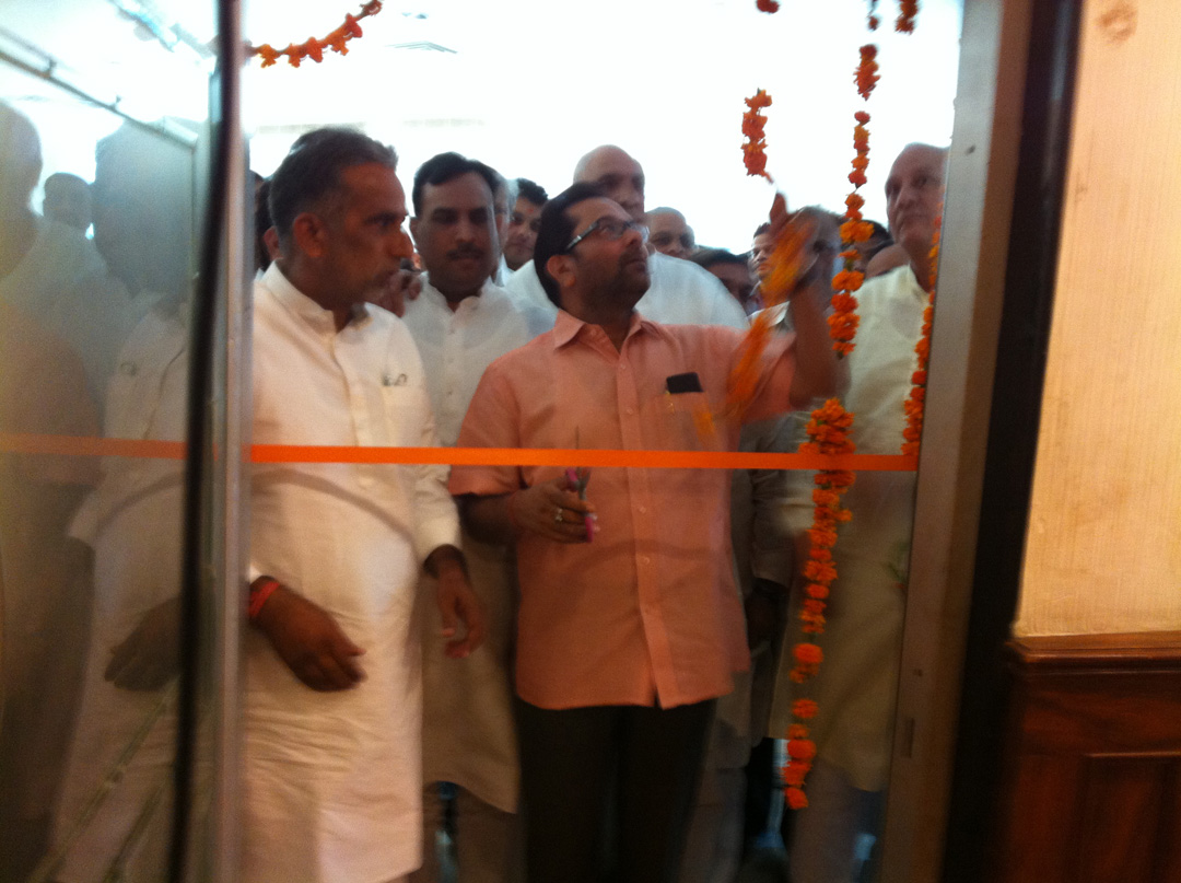 BJP National Vice President, Shri M.A. Naqvi, BJP National Secretary Captain Abhimanyu and State President, Shri Krishna Pal Gurjar during the inauguration of Media Centre at at Suraj Kund, Haryana on September 25, 2012