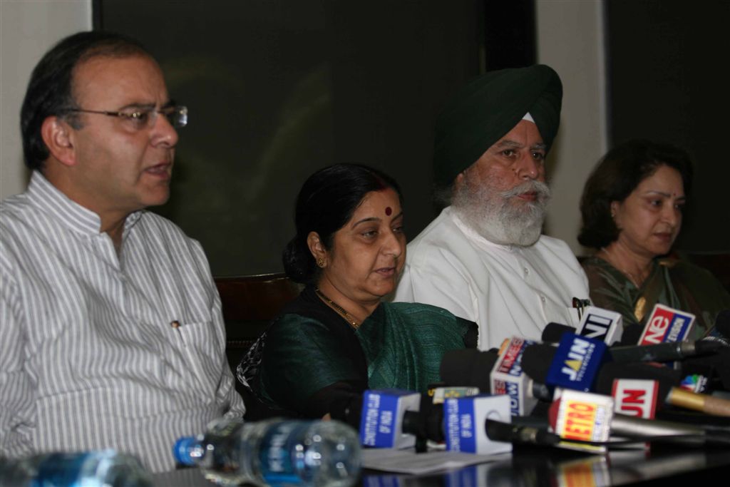 Photographs of Smt. Sushma Swaraj, Sh Arun Jaitley and Sh S.S. Ahluwalia at press conference at Constitution Club, Rafi Marg on March 17, 2010