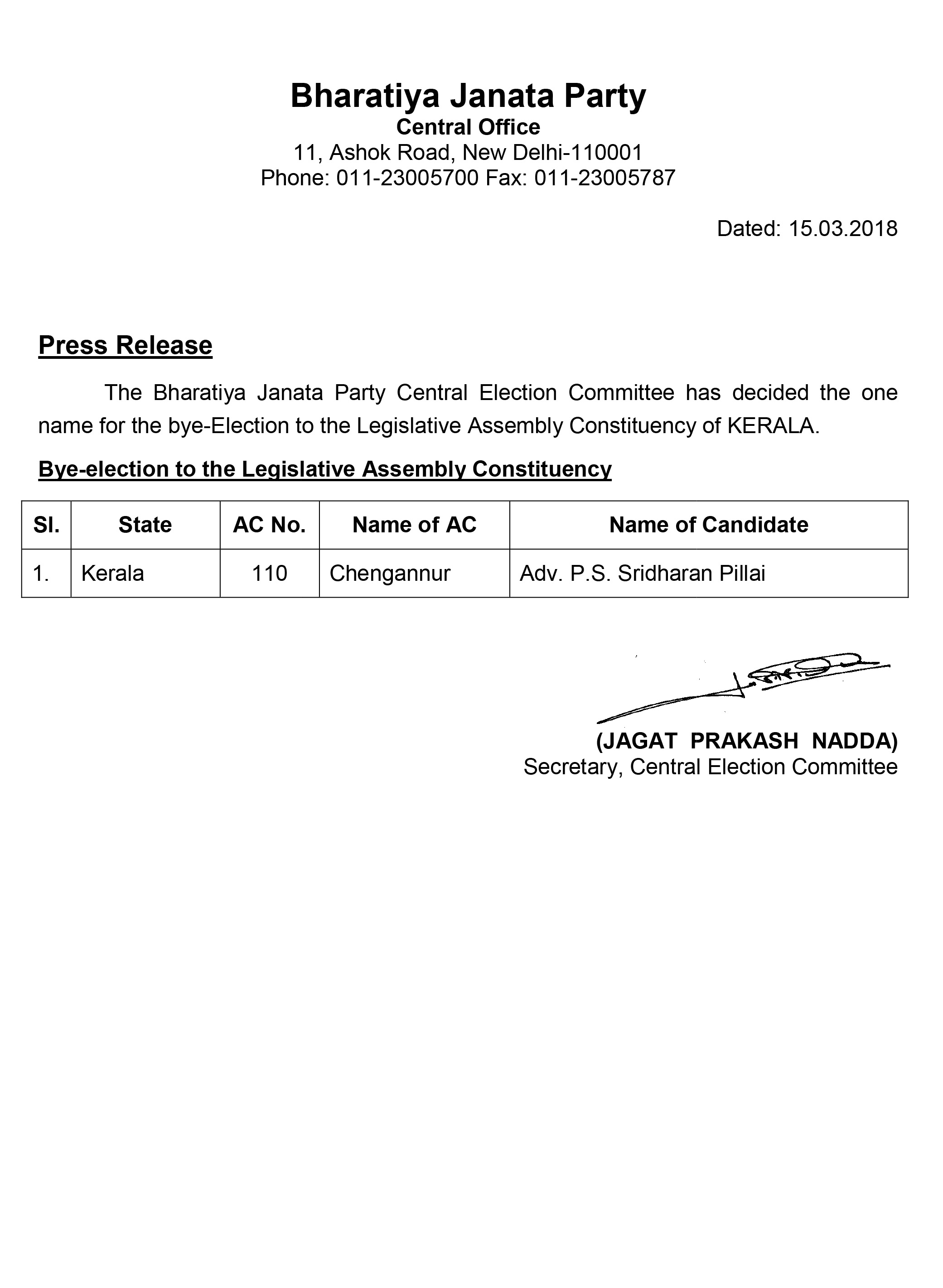 Name of BJP candidate for bye-election to the Legislative Assembly Constituency of Kerala finalised by BJP CEC