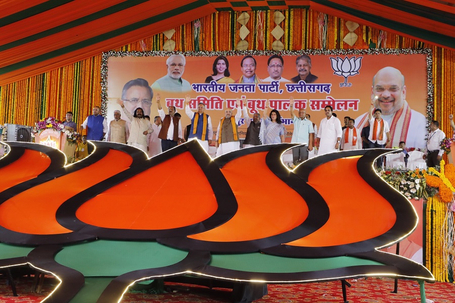 Photographs : BJP National President Shri Amit Shah addressing booth level karyakata sammelan of Raipur and Durg in Raipur (Chhattisgarh) on 13 October 2018