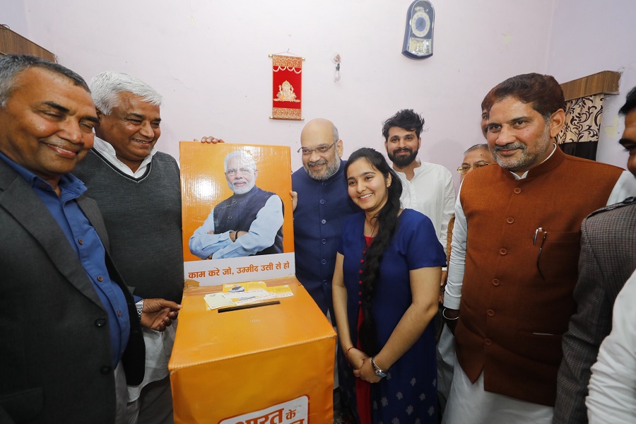  BJP National President, Shri Amit Shah gathering feedback under Bharat Ke Mann Ki Baat-Modi Ke Sath Campaigning in Hisar, Haryana.