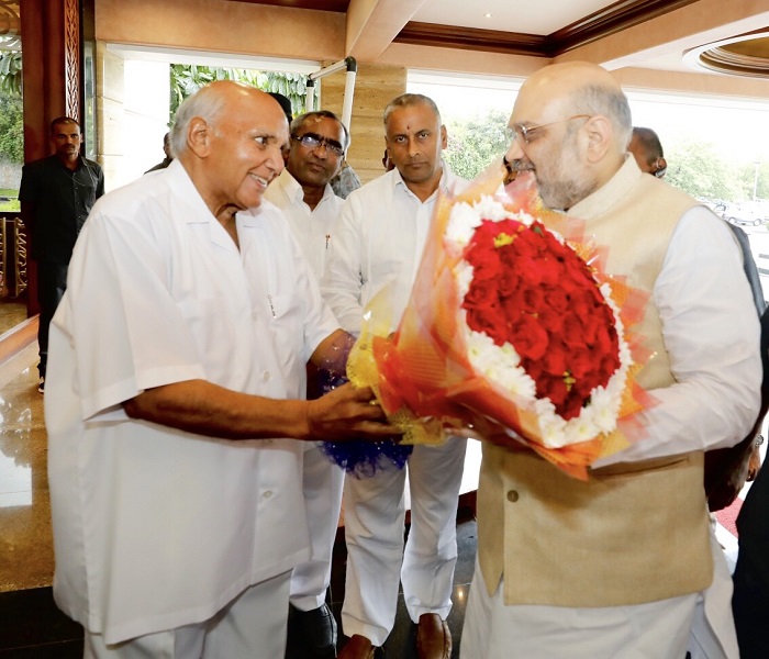 Photographs : BJP National President Shri Amit Shah met Ramoji Rao as part of 'Sampark for Samarthan' campaign in Ramoji Film City, Telangana.