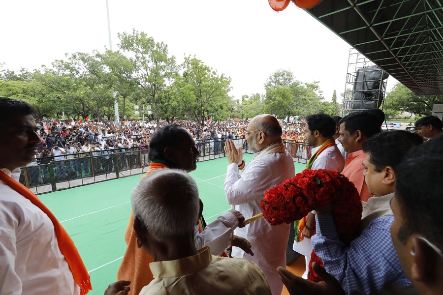 Photographs : BJP National President, Shri Amit Shah's rousing reception on his arrival at Hyderabad Airport