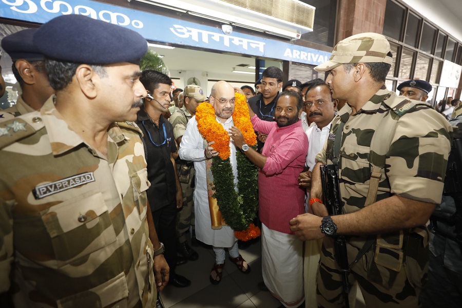 Photographs : BJP National President Shri Amit Shah’s rousing reception on his arrival at Thiruvananthapuram (Kerala)