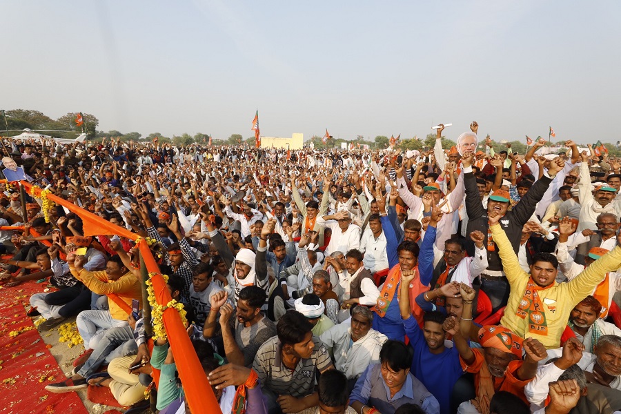 Photographs of BJP National President, Shri Amit Shah addressing a public meeting in Kotputli (Rajasthan)