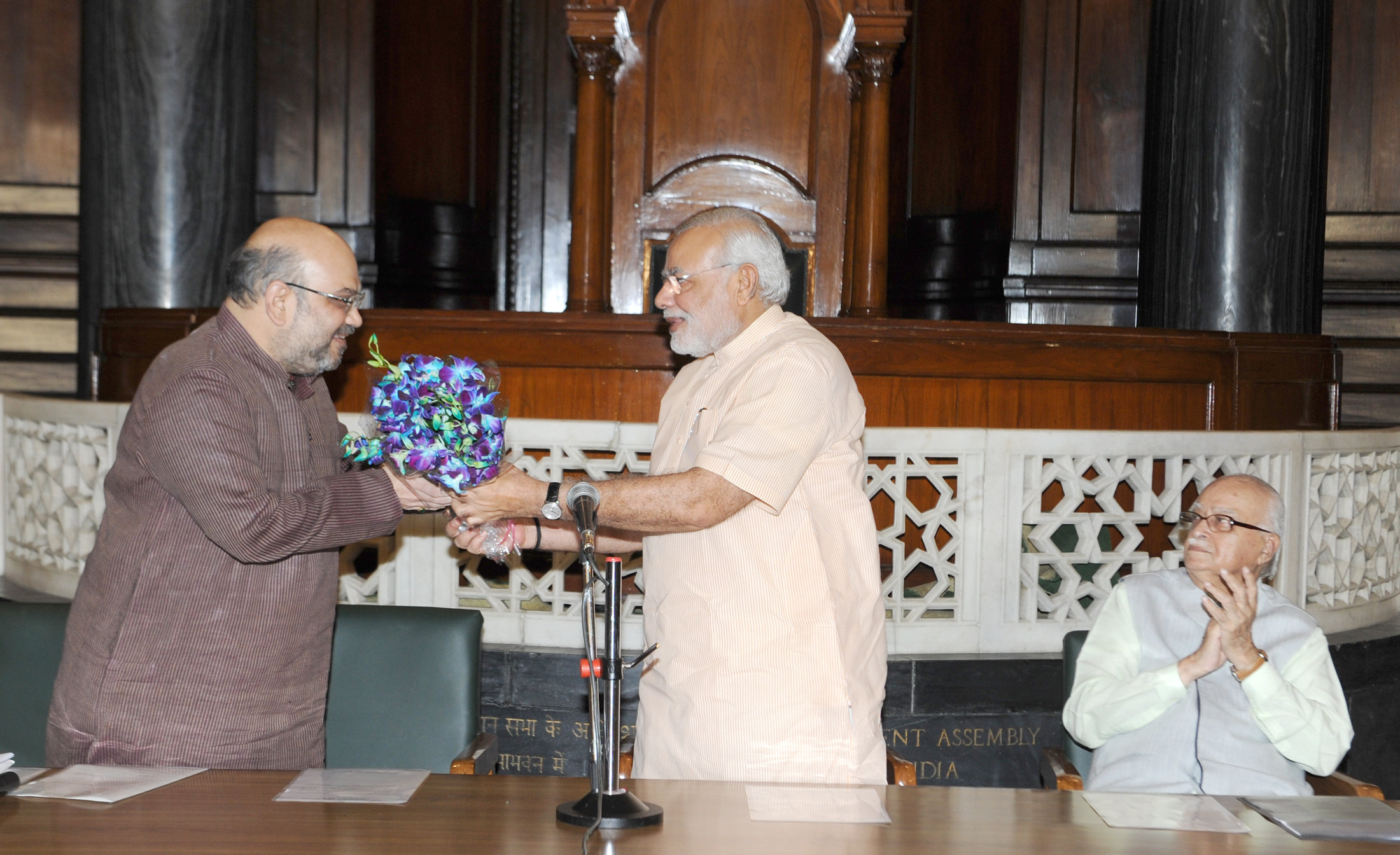 Prime Minister, Shri Narendra Modi, BJP President, Shri Amit Shah & BJP Senior Leader, Shri L.K. Advani at Parliamentary Party Meeting at Parliament House on July 31, 2014