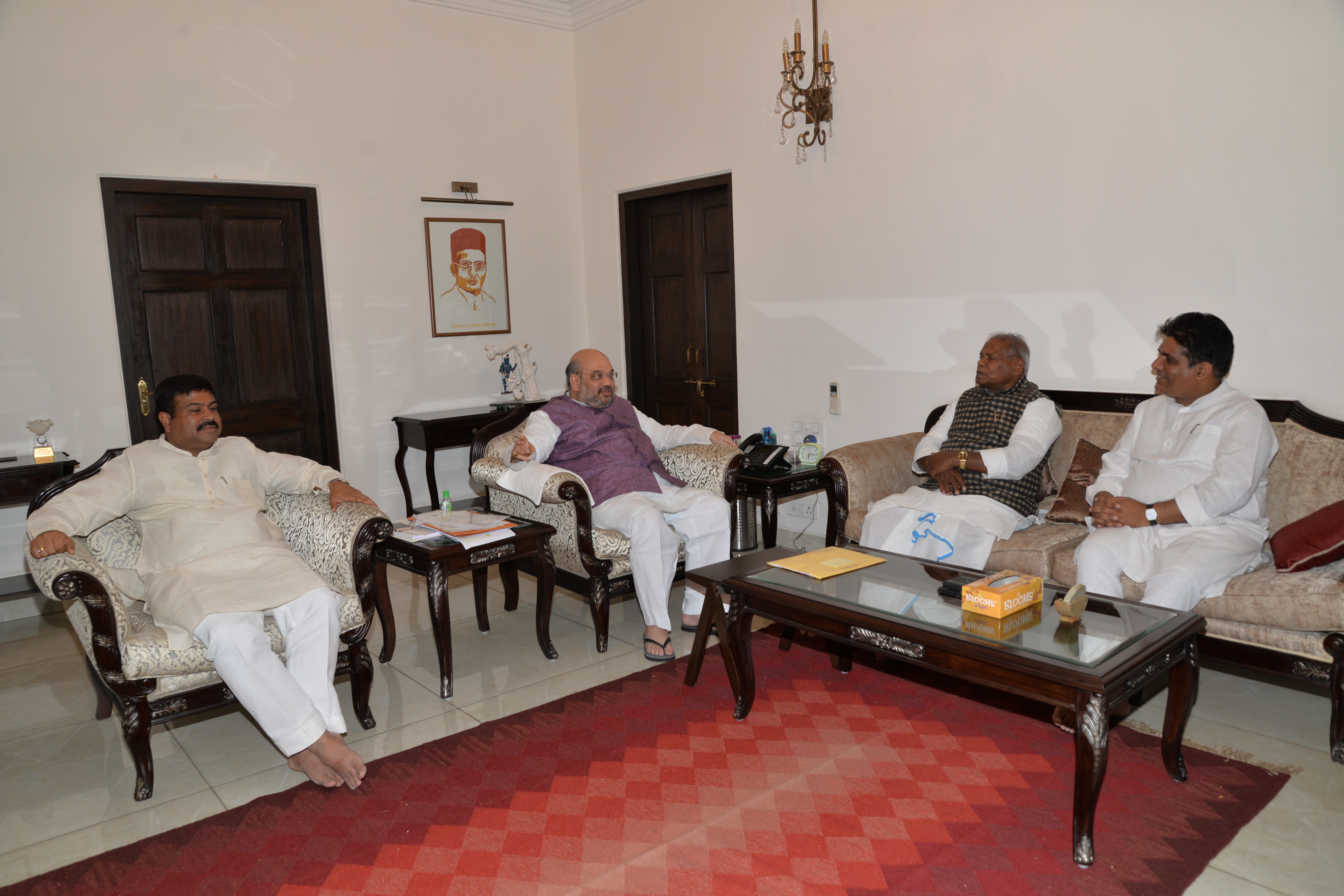 Sh. Amit Shahji's meeting with Sh. Jitan Ram Manjhi, Sh. Dharmendra Pradhan & Sh. Bhupendra Yadav at 11, Akbar Road, New Delhi on June 11, 2015