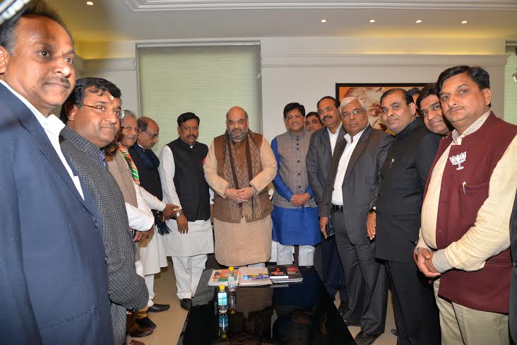 Shri Girish Sanghvi joining BJP in the presence of BJP President, Shri Amit Shah along with Shri Piyush Goyal & Shri Vijay Goel at 11, Ashoka Road on February 5, 2015