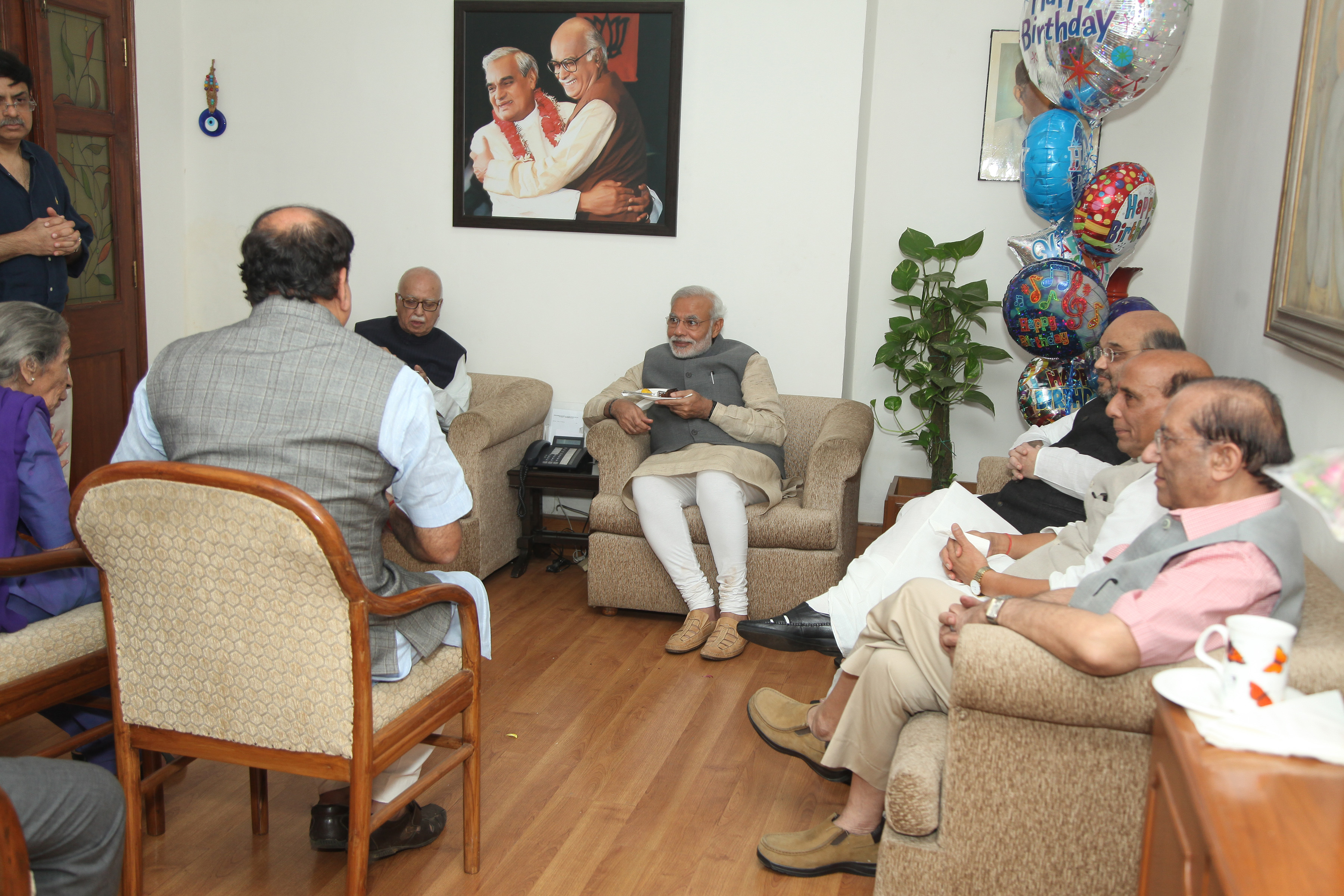 Shri Narendra Modi Shri Rajnath Singh Shri Ananth Kumar and other senior BJP leaders wishing Shri L.K. Advnaiji on his Birthday at his residence, 30 Prithviraj Road on November 8, 2014