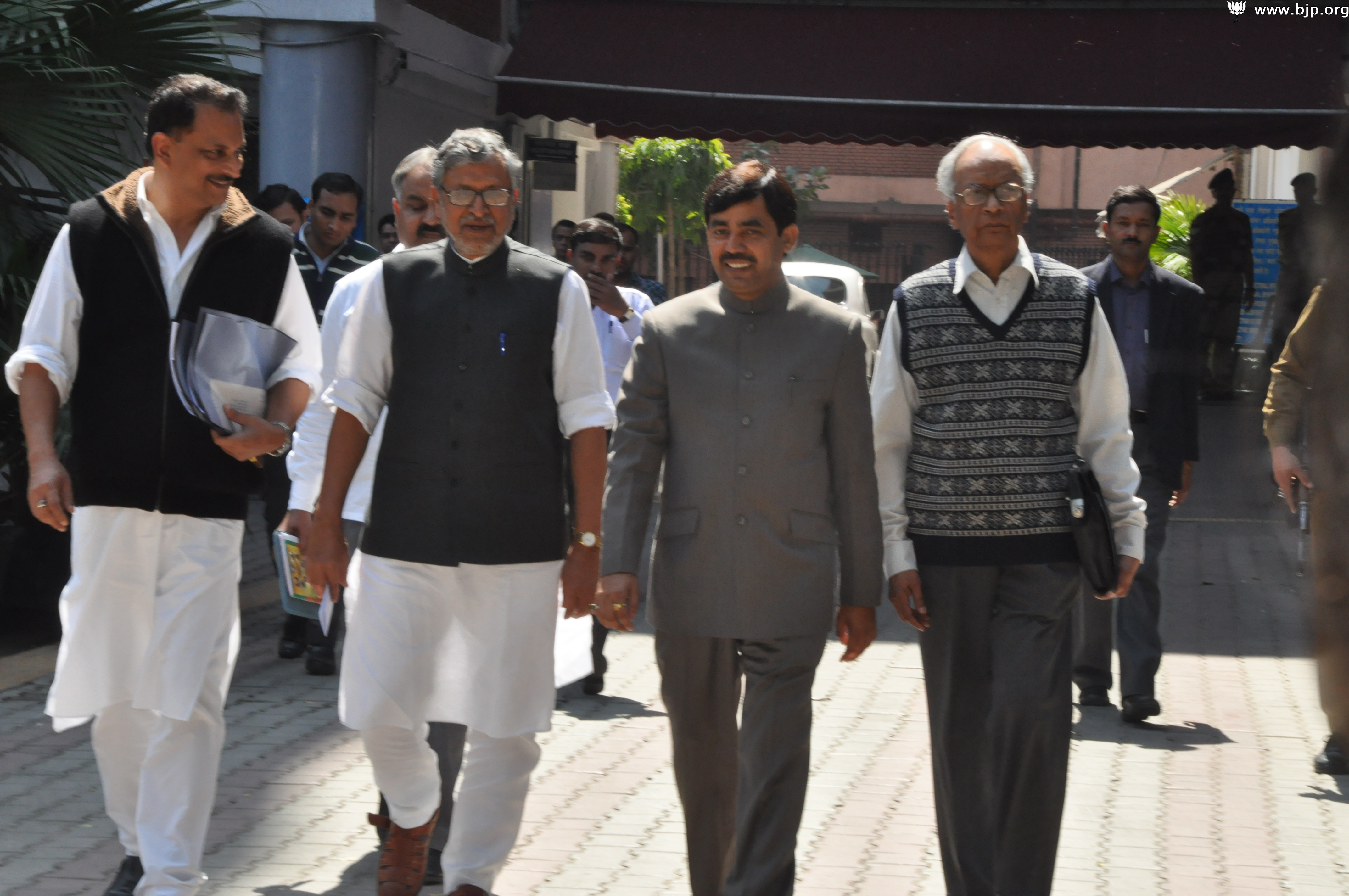 Shri Rajiv Pratap Rudy, Shri Sushil Modi and Syed Shahnawaz Hussain after meeting with CEC on Bihar issue at Nirvachan Sadan on March 14, 2014