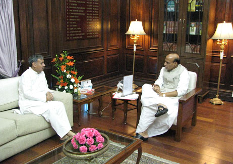 Shri Rajnath Singh meeting with The Minister of State for planning (Independent Charge) Shri Rao Inderjit Singh at North Block, New Delhi on 5 June 2014