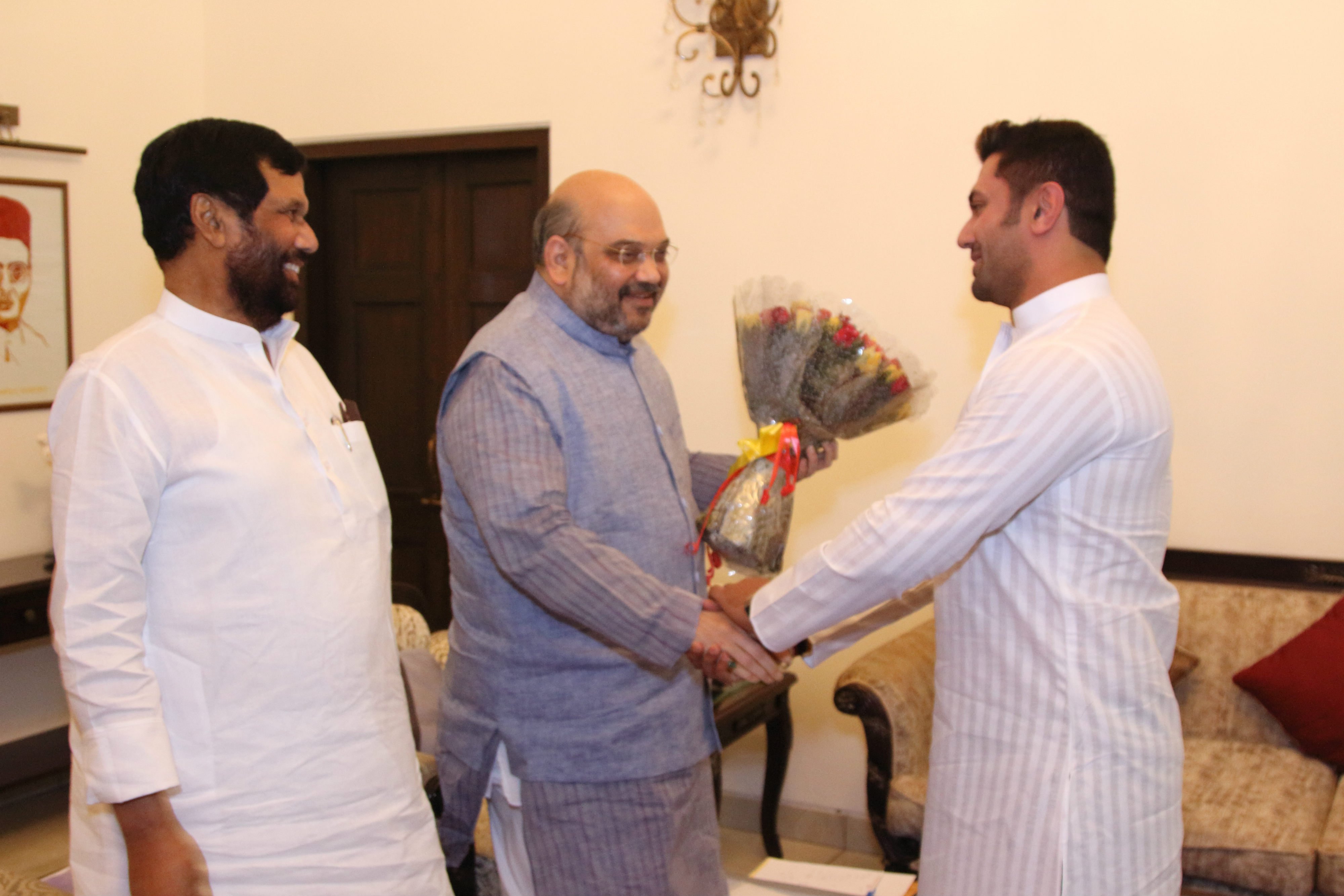 Shri Ramvilas Paswan & Shri Chiraj Paswan meeting with Shri Amit Shah &  Shri Bhupendra Yadav at his residence, 11 Akhbar Road June 13, 2015