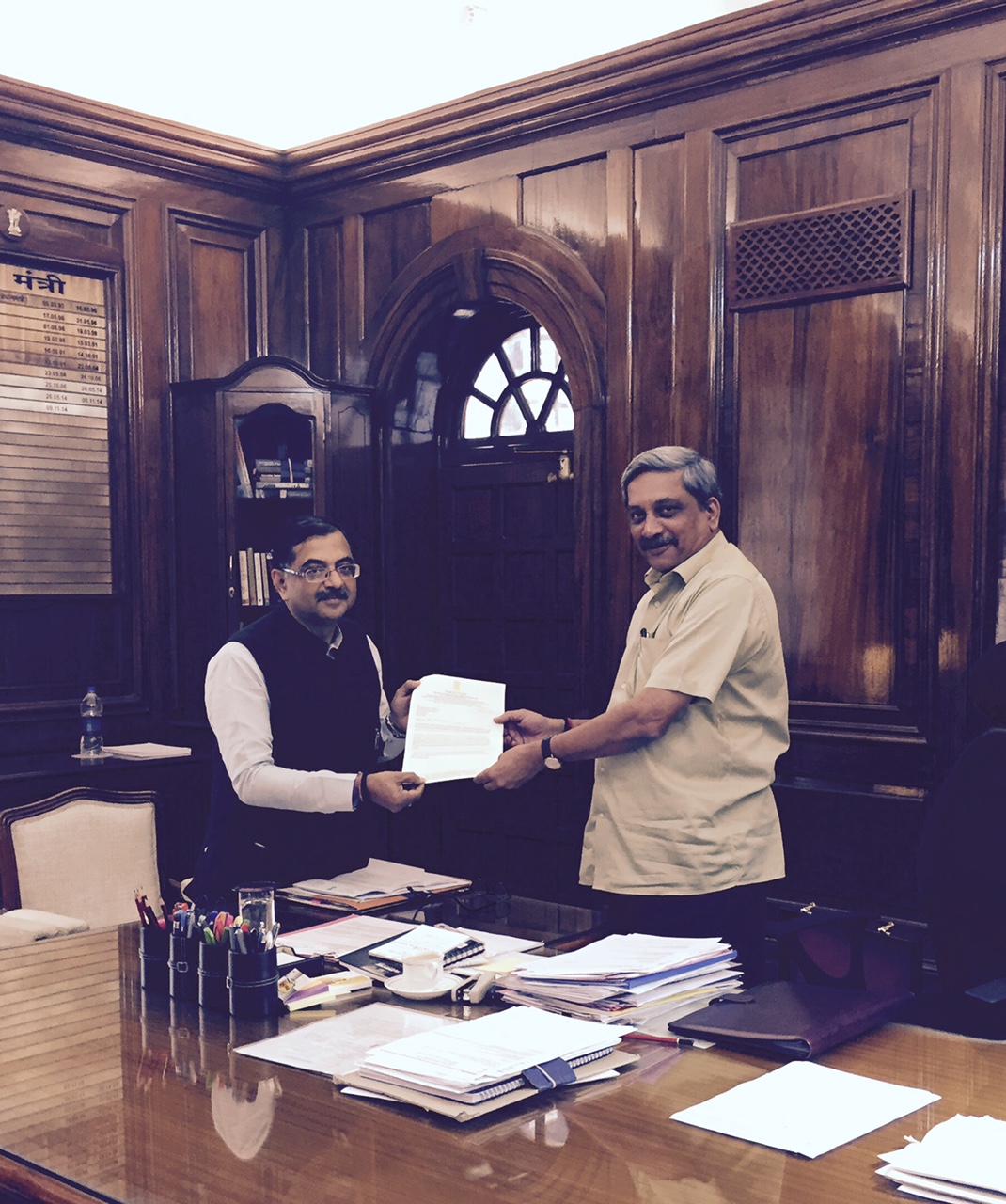 Shri Tarun Vijay, MP meet Raksha Mantri Shri Manohar Parrikar on February 26, 2015