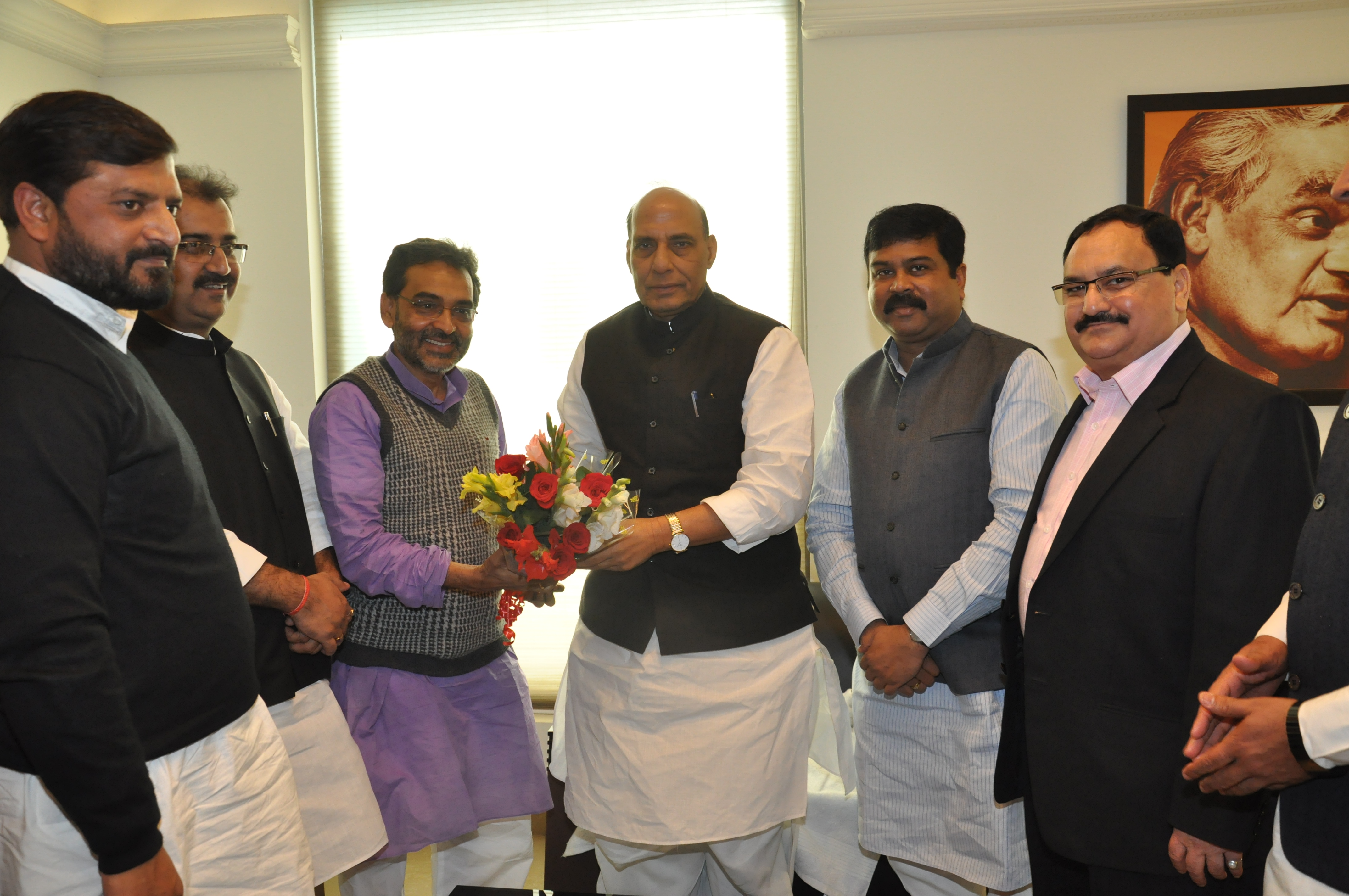 Shri Upender Kushwaha President of Rashtriya Loksamta Party after joining NDA meeting with BJP President, Shri Rajnath Singh at 11, Ashoka Road, New Delhi on February 25, 2014