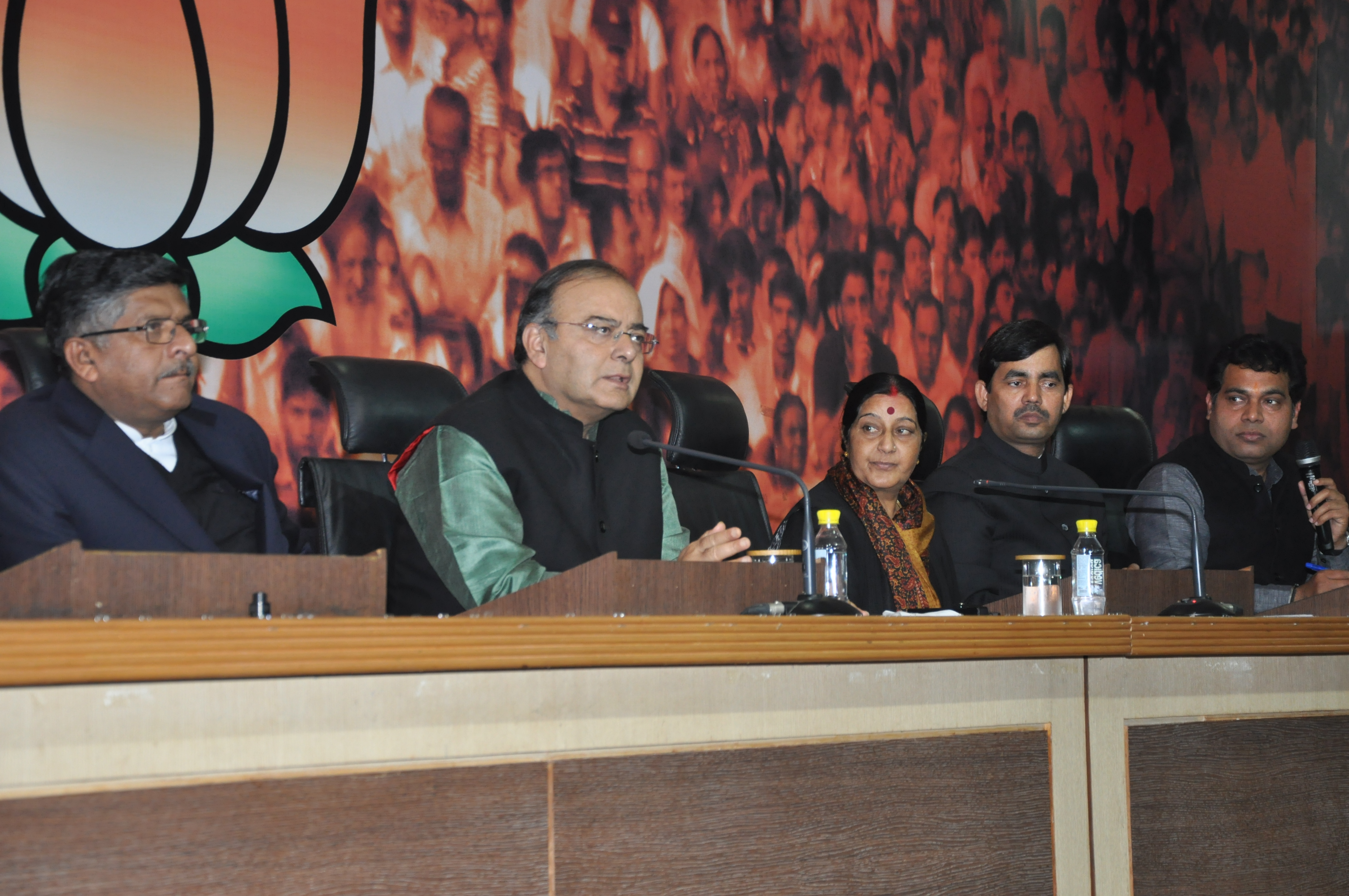 Sushma Swaraj, Shri Arun Jaitley, Shri Ravi Shankar Prasad, Shri J.P. Nadda, Sh Shrikant Sharma during a press conference at 11, Ashoka Road, New Delhi on February 22, 2014